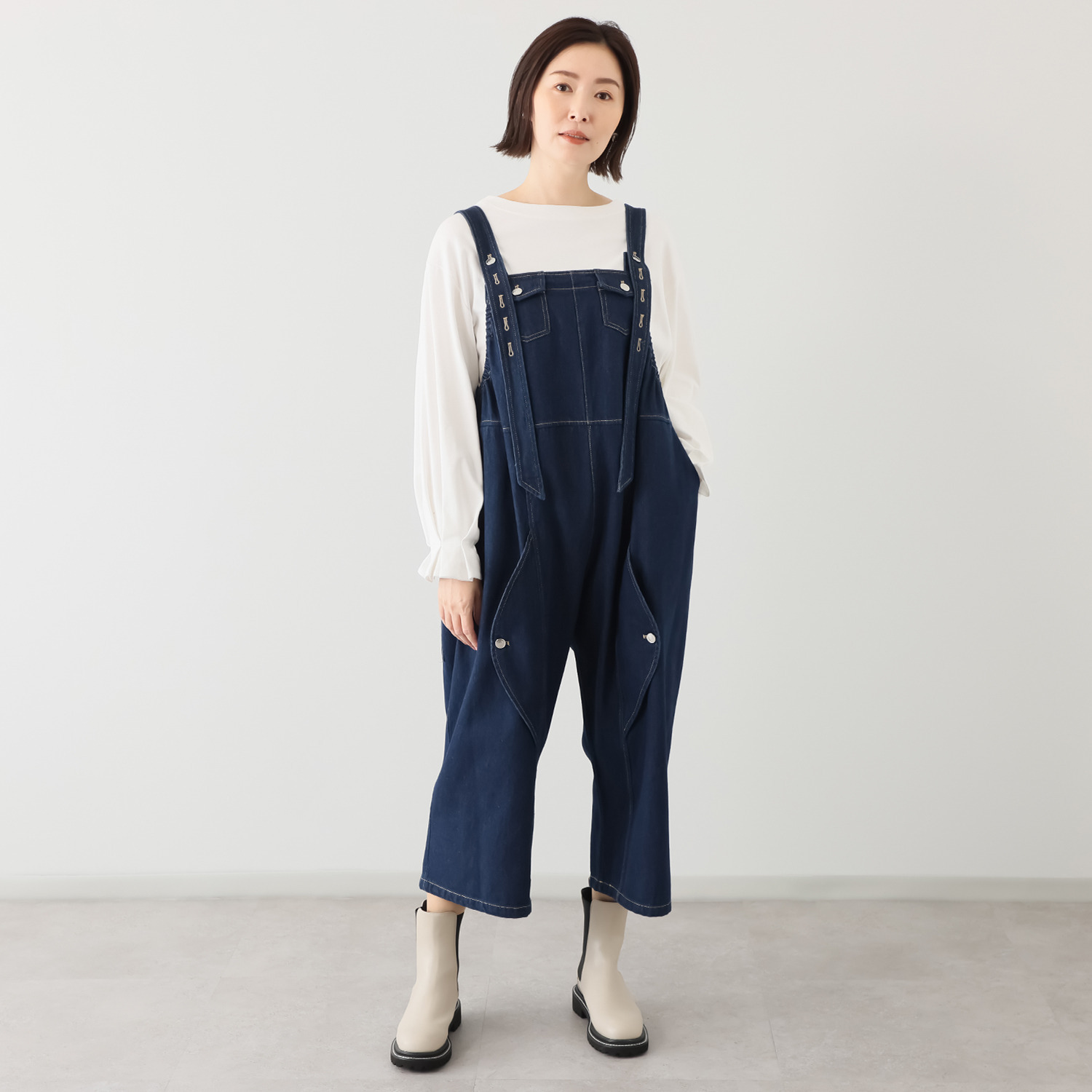 ベルデニム ウォッシュ加工入り デニム素材 デザインオーバーオール