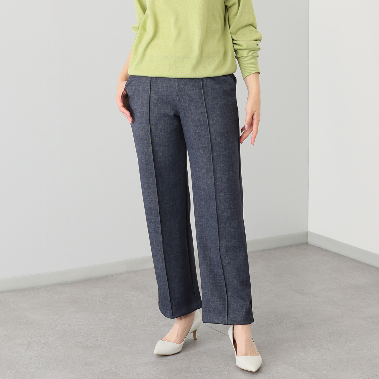 ＴＡＫＵＭＩＢＡ すふれ起毛プラス 保温 デニムプリント イージーワイドスラックス