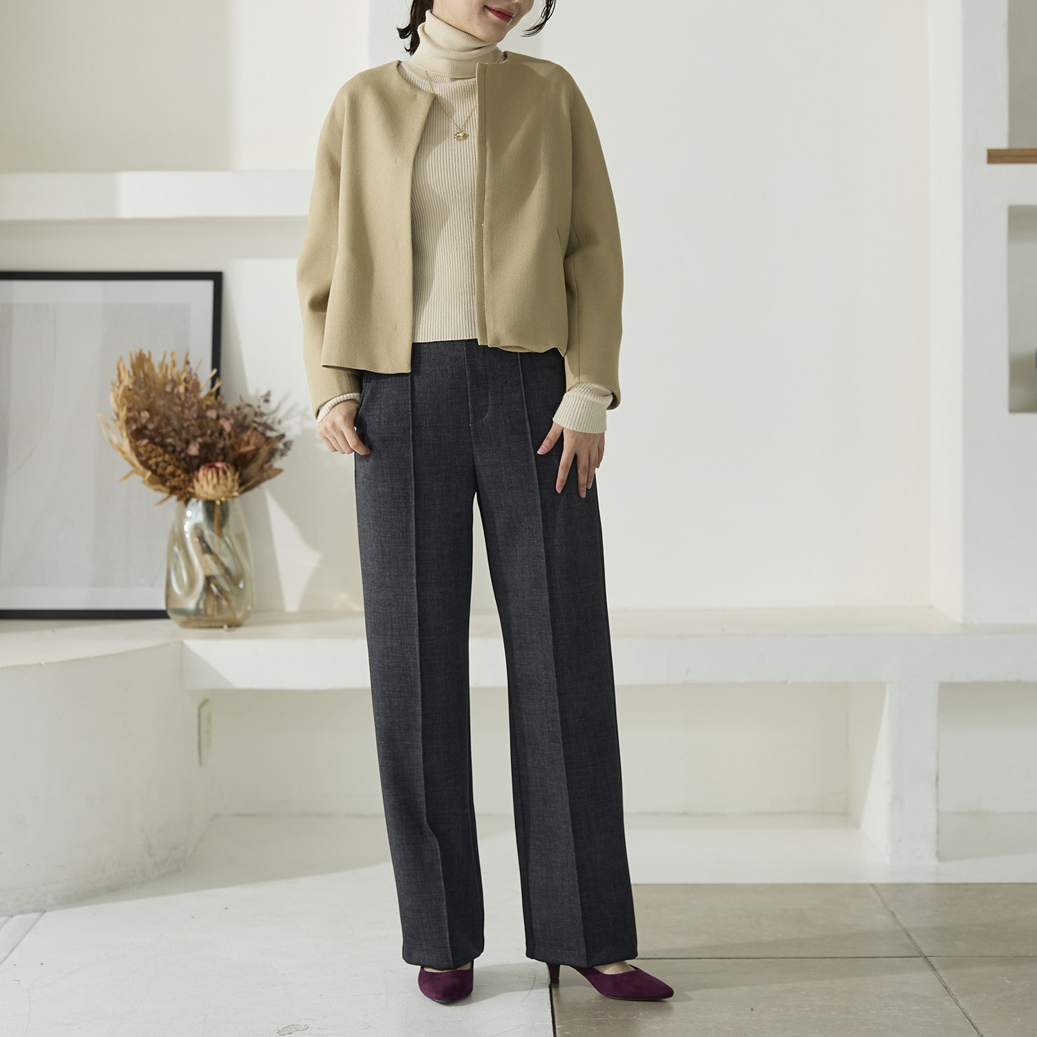 ＴＡＫＵＭＩＢＡ すふれ起毛プラス 保温 デニムプリント イージーワイドスラックス