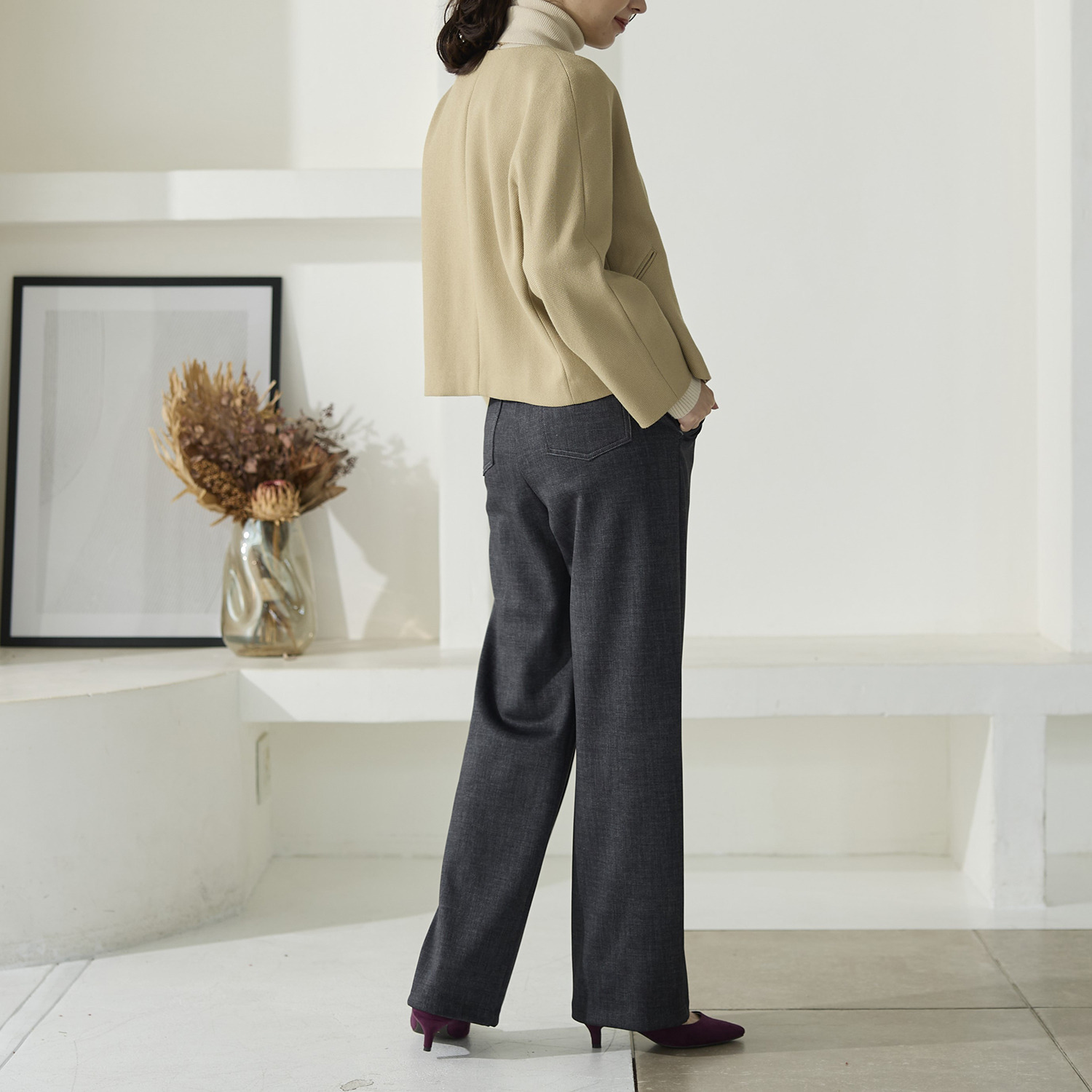 ＴＡＫＵＭＩＢＡ すふれ起毛プラス 保温 デニムプリント イージーワイドスラックス