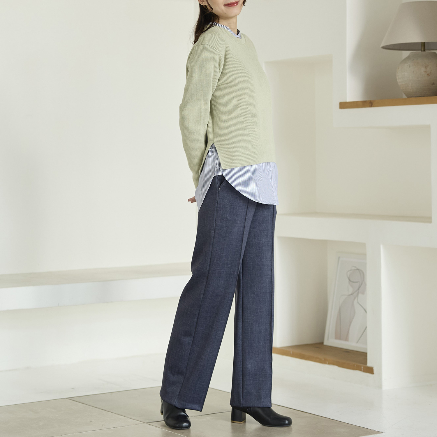 ＴＡＫＵＭＩＢＡ すふれ起毛プラス 保温 デニムプリント イージーワイドスラックス