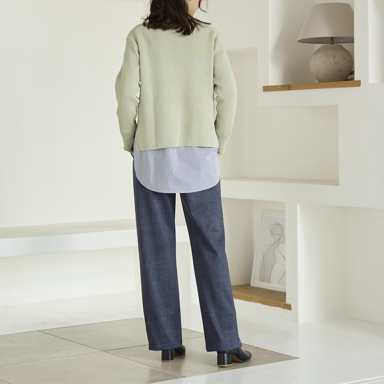 ＴＡＫＵＭＩＢＡ すふれ起毛プラス 保温 デニムプリント イージーワイドスラックス