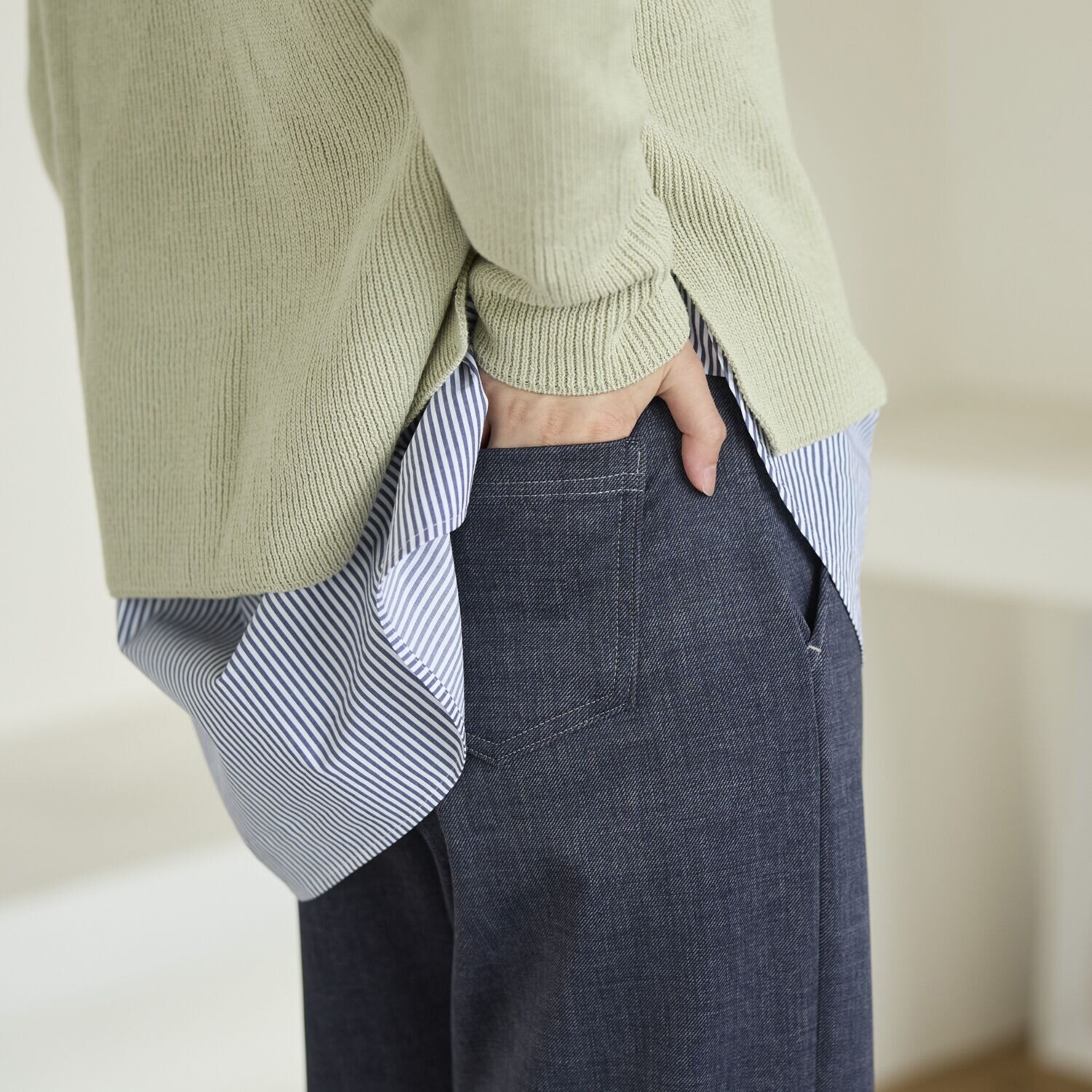 ＴＡＫＵＭＩＢＡ すふれ起毛プラス 保温 デニムプリント イージーワイドスラックス