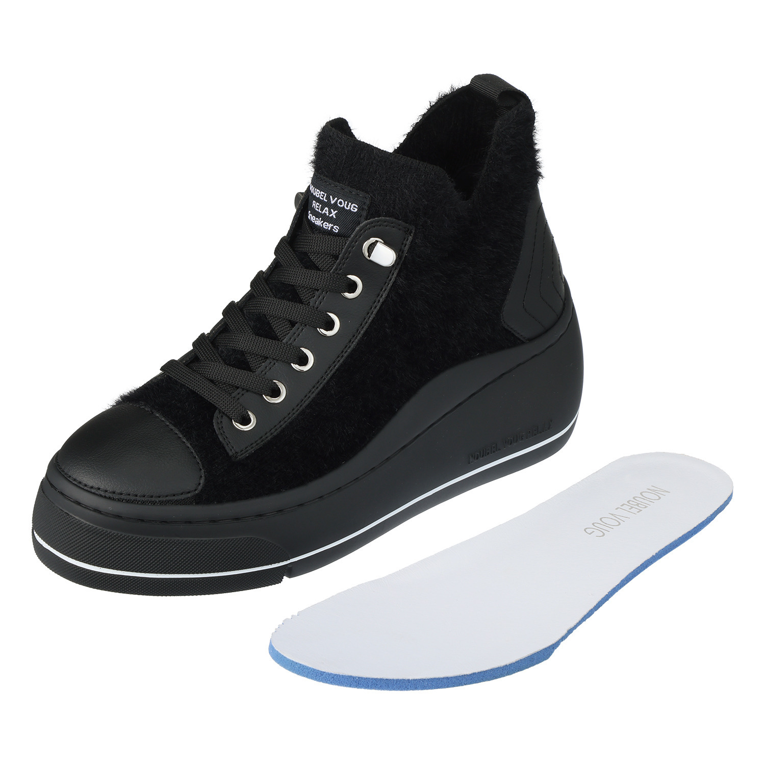 ヌーベルヴォーグ リュクスライン ふわふわモコモコニット＆ 牛革 解かずに履ける 厚底スニーカーブーツ