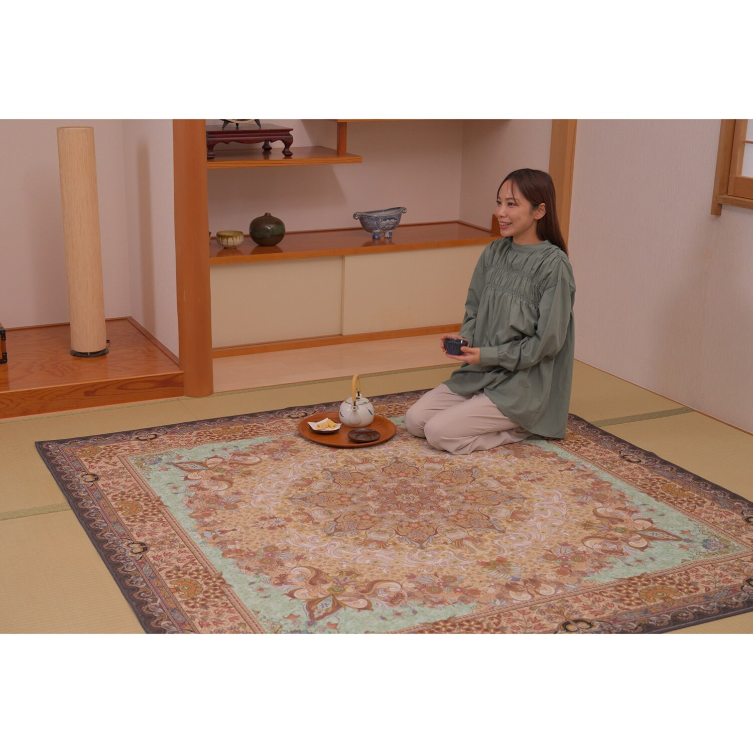 はっ水加工 ペルシャンデザイン ウールタッチカーペット “リオネッタ” ＜１９０×１９０ｃｍ＞