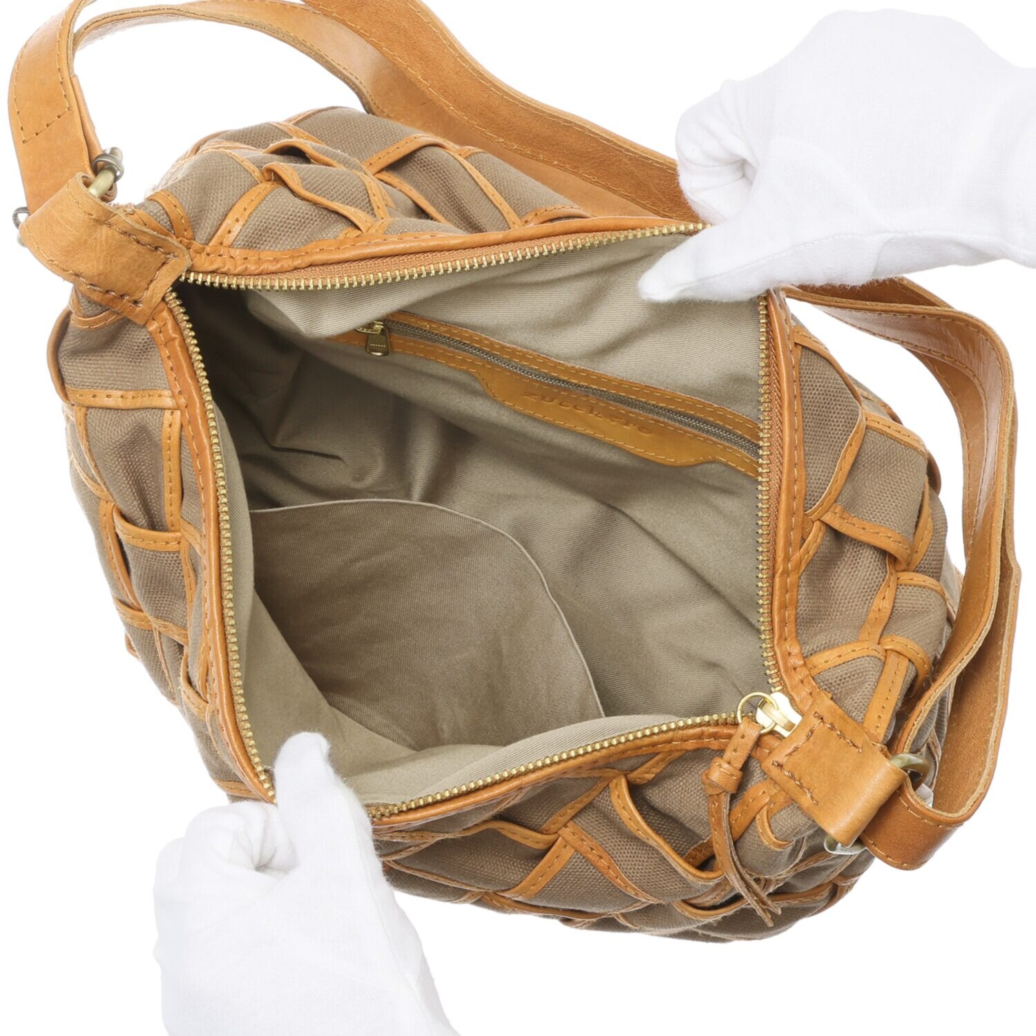 ズッケロ レザートリムキャンバス メッシュショルダーバッグ