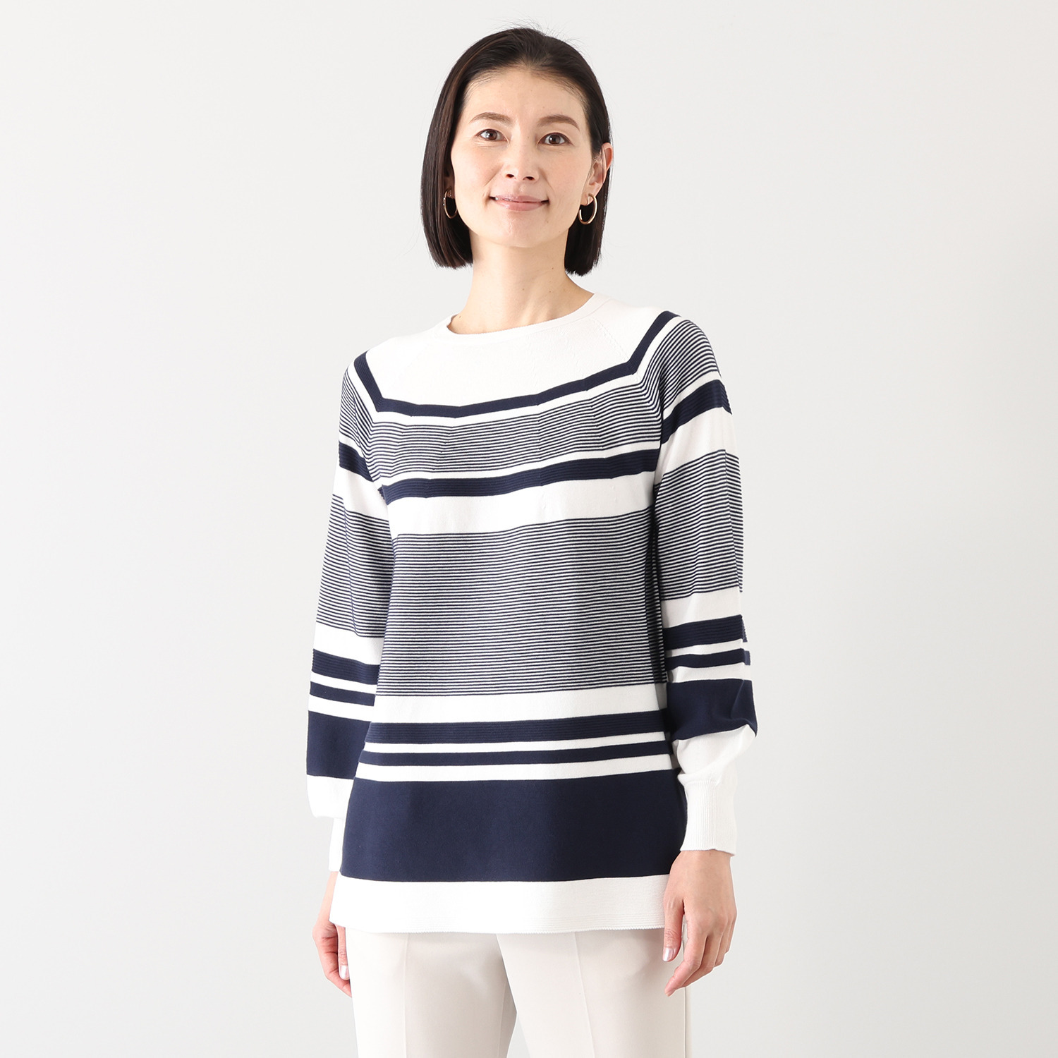 アール　アンド　エム フェルガーナ 日本製　立体編 ウズベキスタン産コットン 地柄ボーダー チュニックプルオーバー