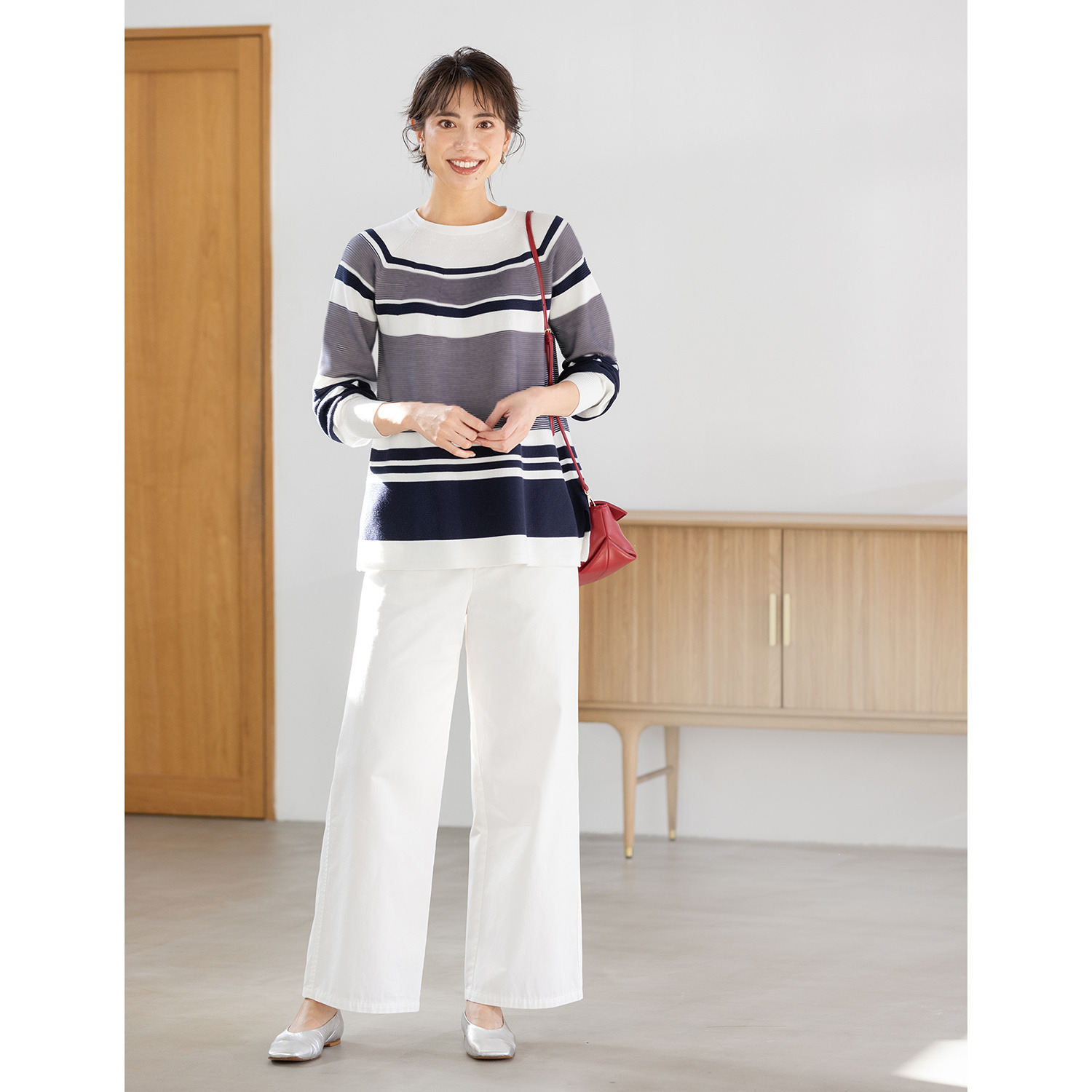 アール　アンド　エム フェルガーナ 日本製　立体編 ウズベキスタン産コットン 地柄ボーダー チュニックプルオーバー