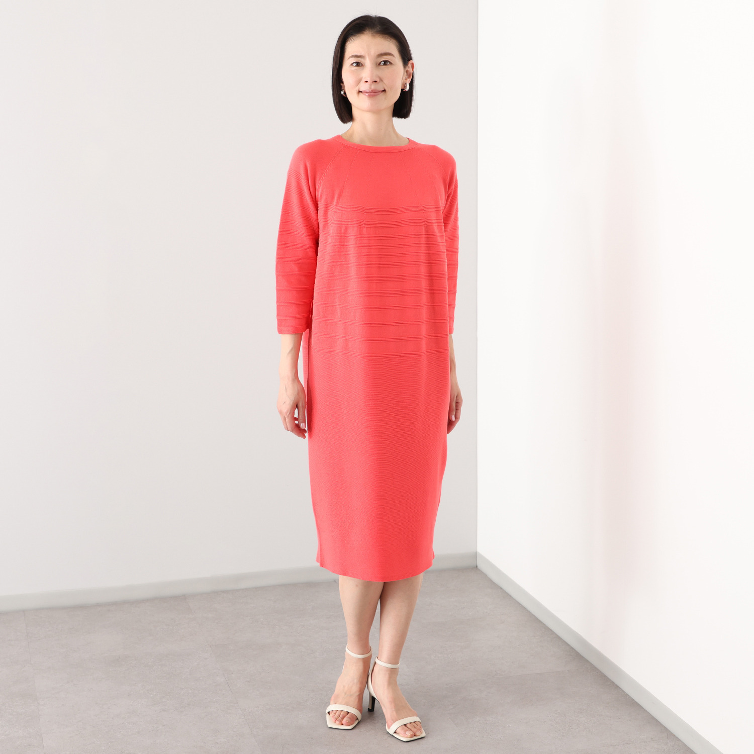 アール　アンド　エム フェルガーナ 日本製　立体編 ウズベキスタン産コットン 地柄ボーダー コクーンワンピース