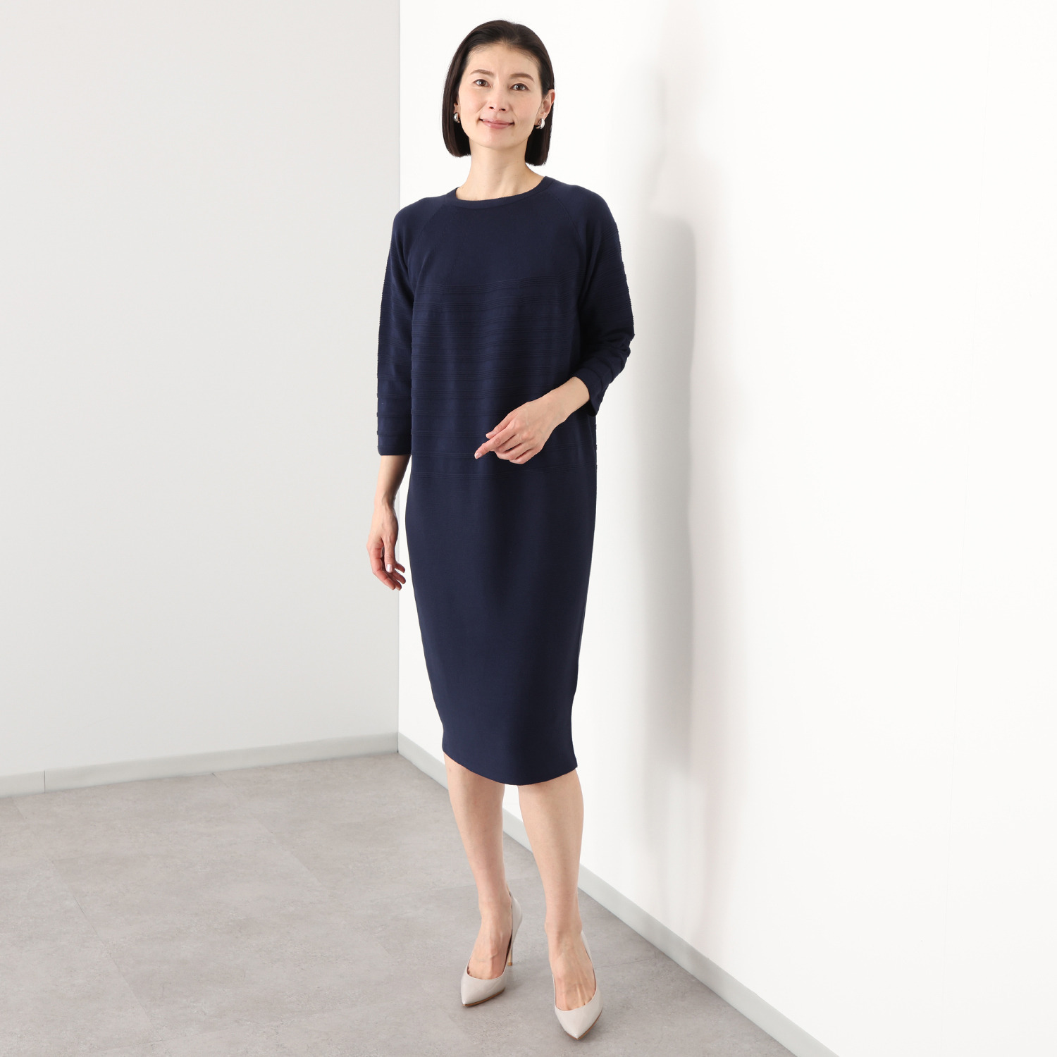 アール　アンド　エム フェルガーナ 日本製　立体編 ウズベキスタン産コットン 地柄ボーダー コクーンワンピース