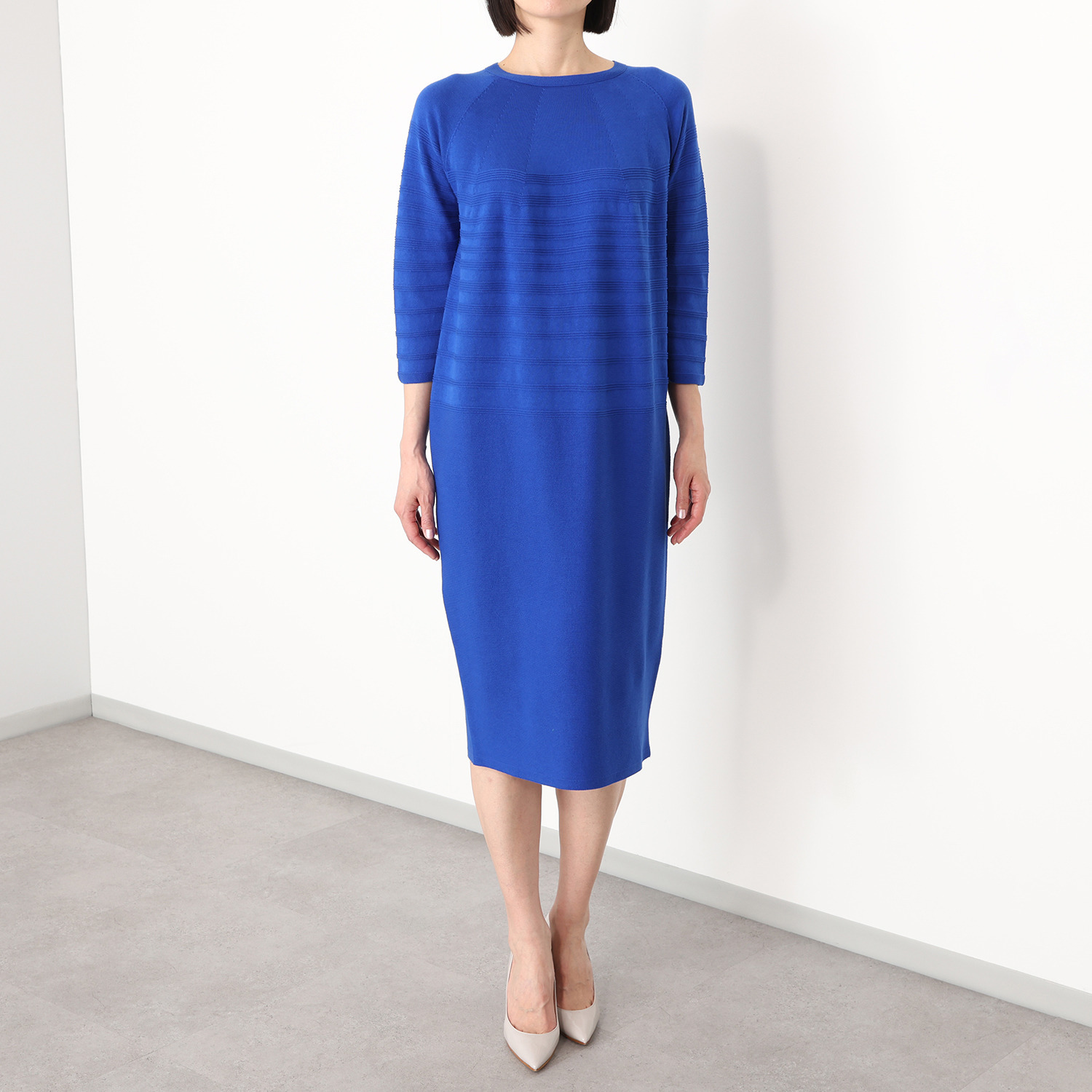 アール　アンド　エム フェルガーナ 日本製　立体編 ウズベキスタン産コットン 地柄ボーダー コクーンワンピース