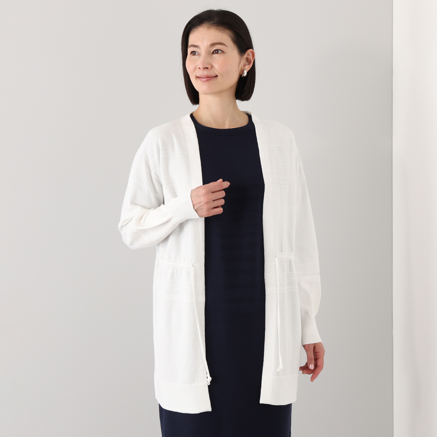 アール　アンド　エム フェルガーナ 日本製　立体編 ウズベキスタン産コットン 地柄ボーダー カーディガン