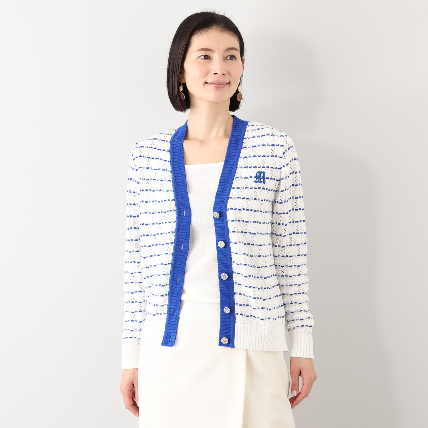 アール　アンド　エム フェルガーナ 日本製　ウズベキスタン産 コットン使用 ロゴ入りボーダー カーディガン