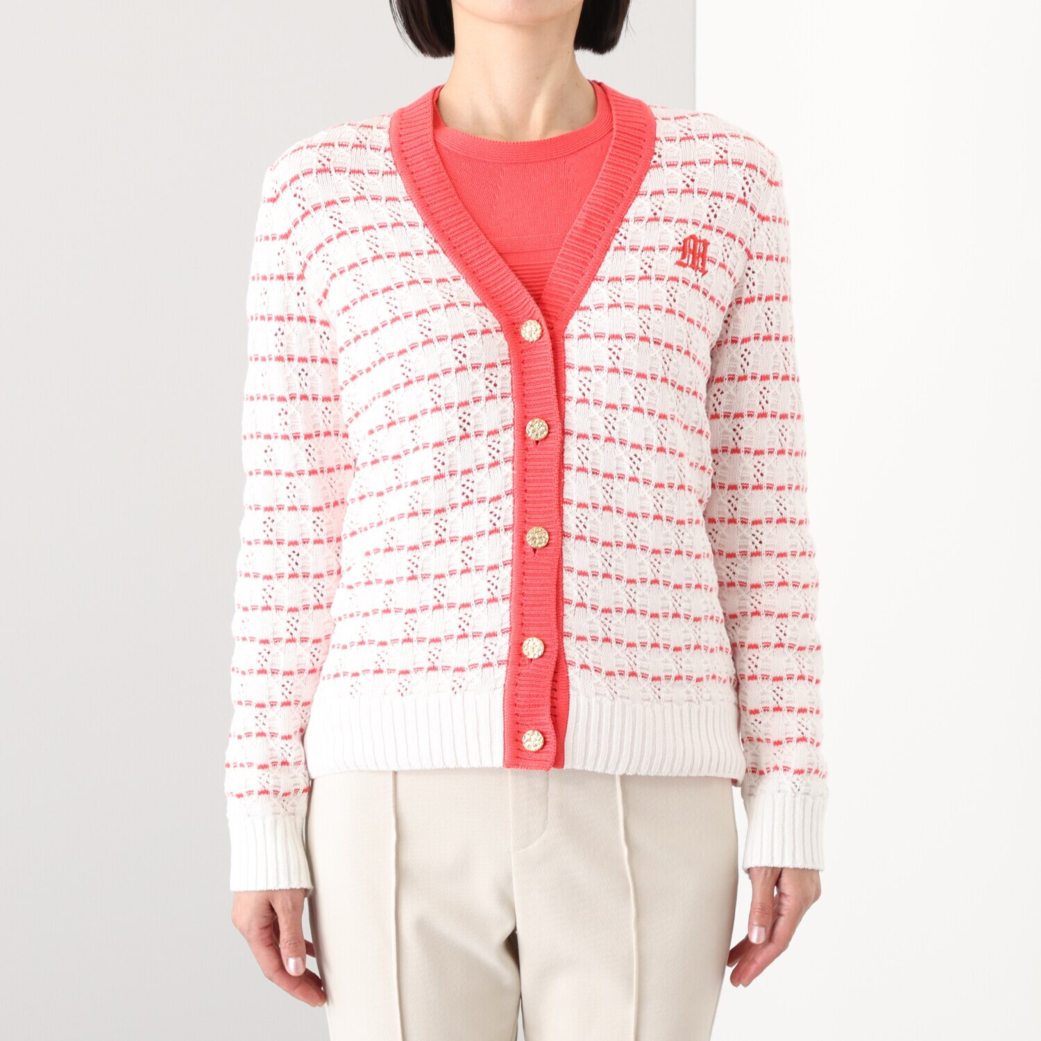 アール　アンド　エム フェルガーナ 日本製　ウズベキスタン産 コットン使用 ロゴ入りボーダー カーディガン