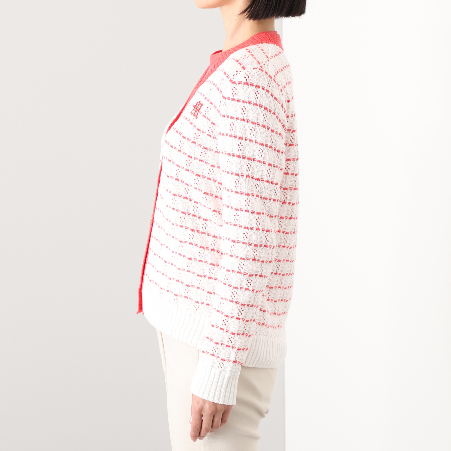 アール　アンド　エム フェルガーナ 日本製　ウズベキスタン産 コットン使用 ロゴ入りボーダー カーディガン