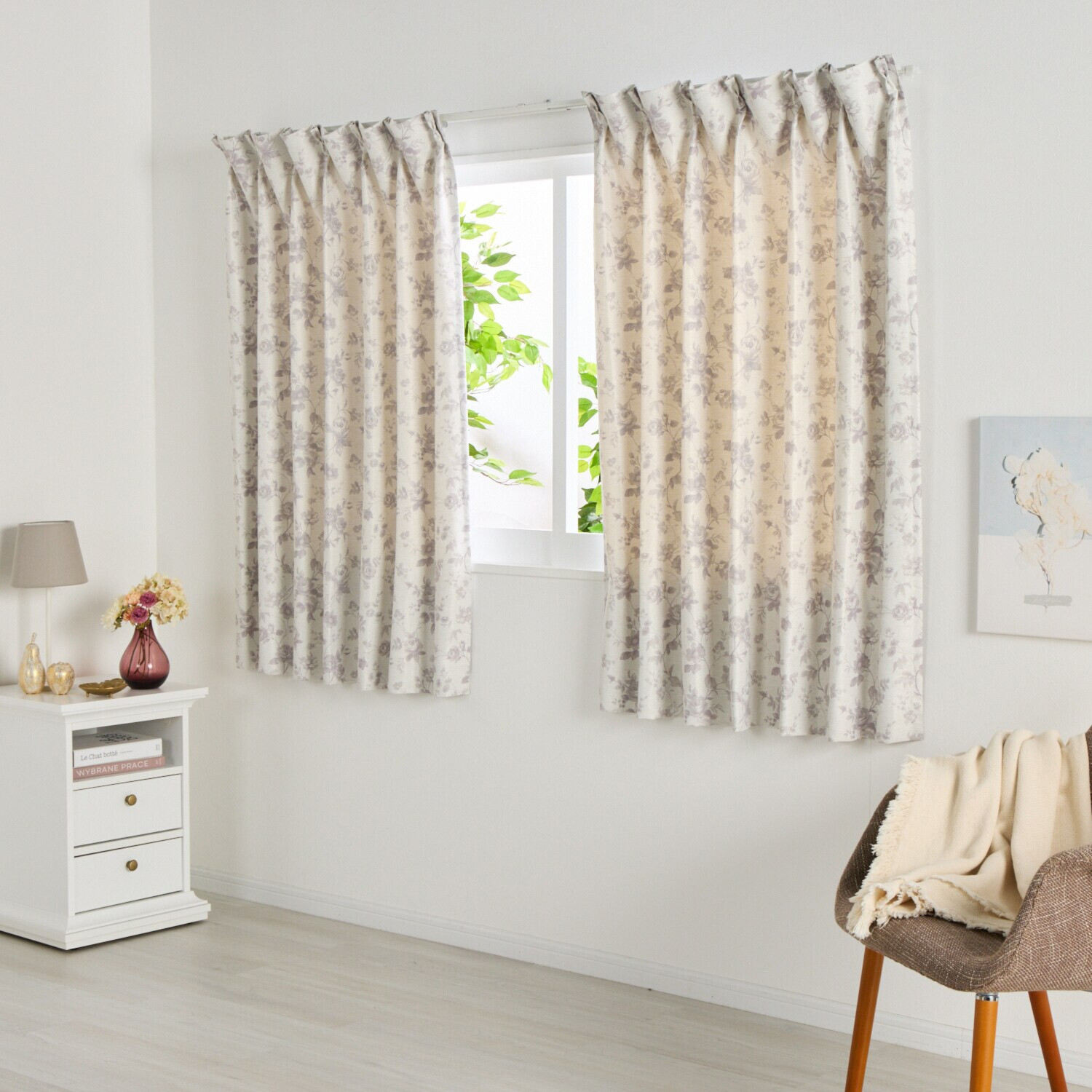 エコファイン 保温＆ＵＶカット ドレーププリント花柄 厚地カーテン２枚組 ＜１００×１１０ｃｍ＞