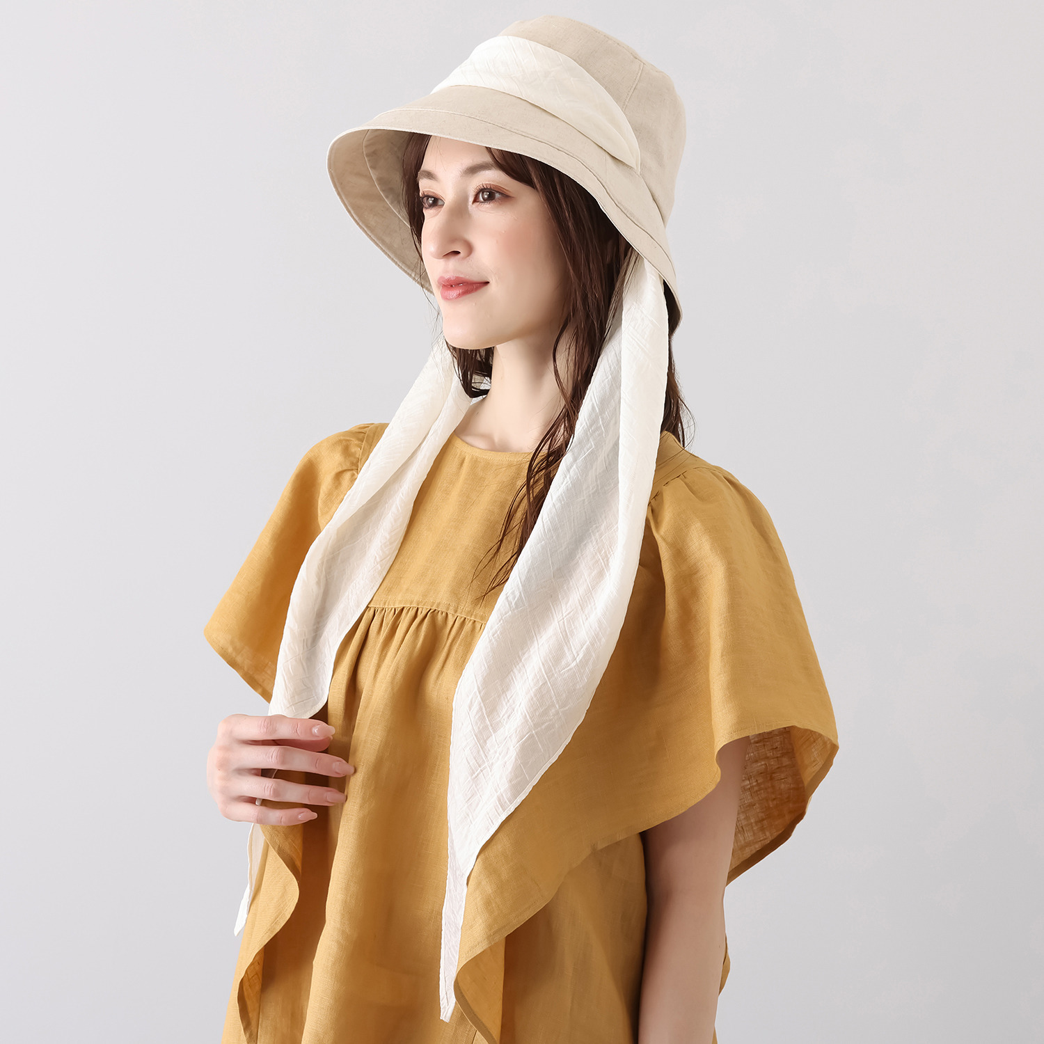 ミリーセヴァルセン マルチスカーフ付 ＵＶカット コットンリネンの 深めな帽子