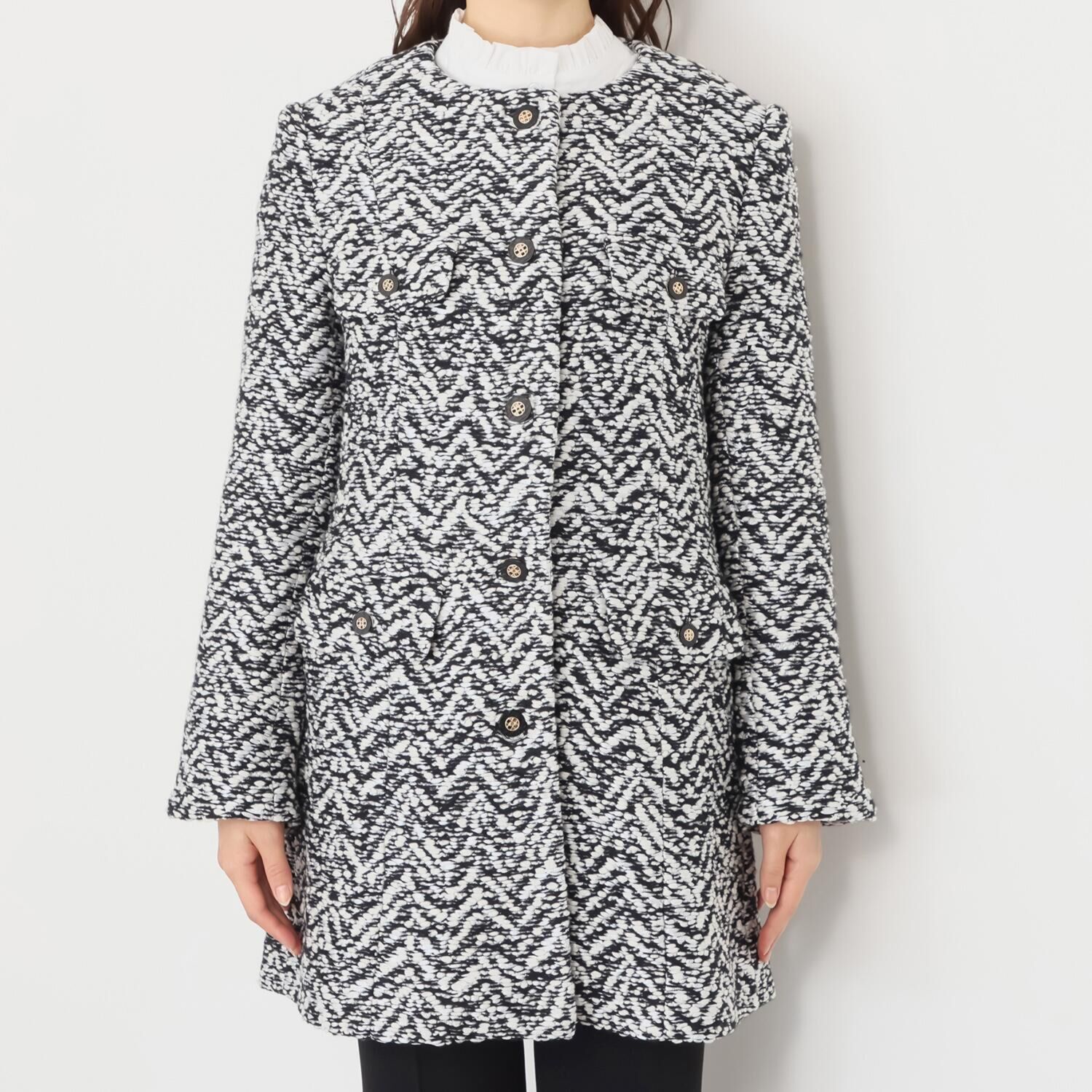 マダムヒロコ イタリア製ツイード ノーカラー コートジャケット