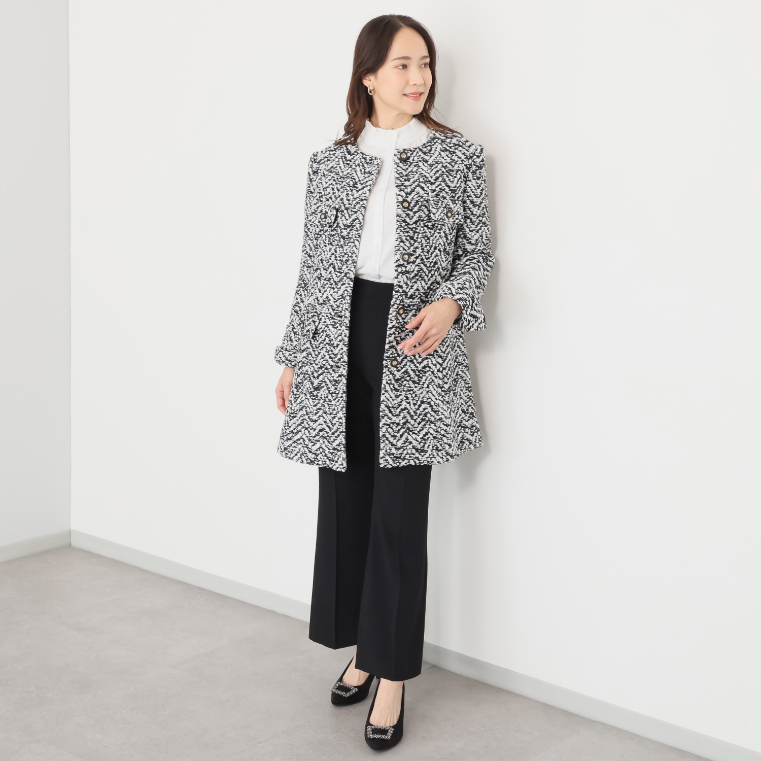 マダムヒロコ イタリア製ツイード ノーカラー コートジャケット