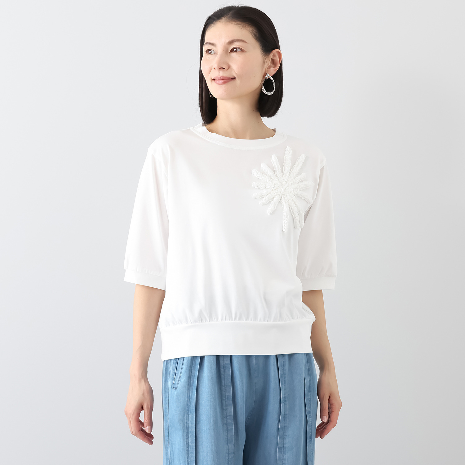 ラヴィーコンフォート ギャザー加工 花火柄アクセント 大人ガーリー 五分袖トレーナー