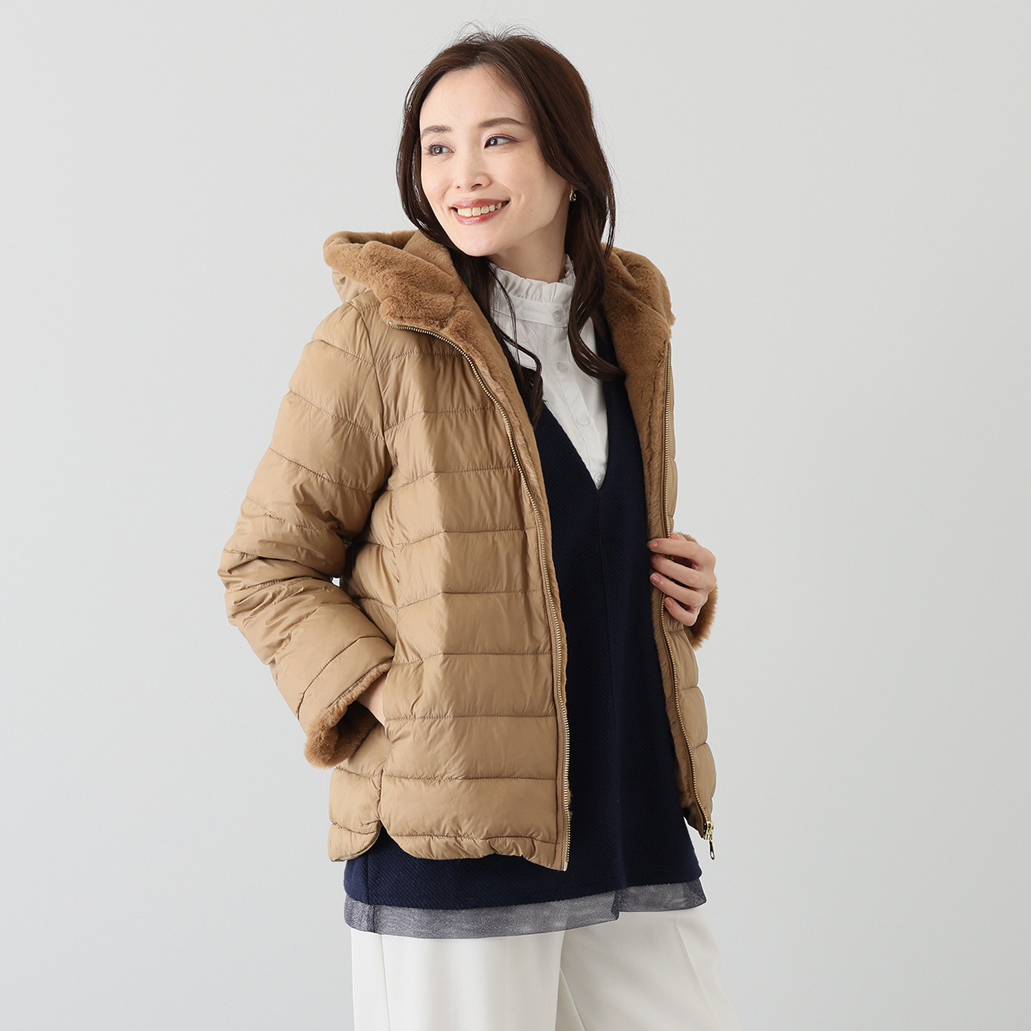 アンリック　オー　ブルー フェイクファーアクセント ファイバーダウン 大人な上品コート