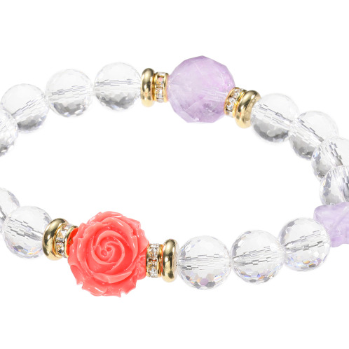 マイクローバー ステンレス アメシスト＆ ロッククリスタルクォーツ ローズブレスレット