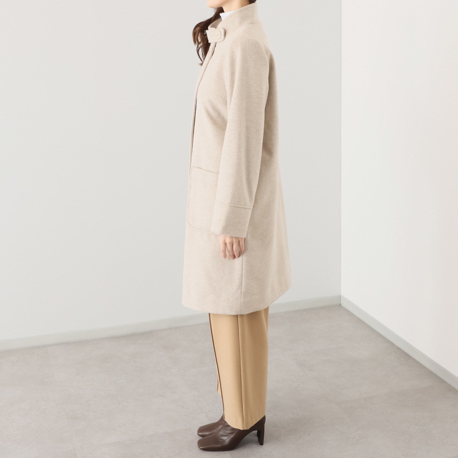 リサリサ ソフトビーバー調 ジャージー 身頃キルト裏仕立て スタンドカラー ロングコート