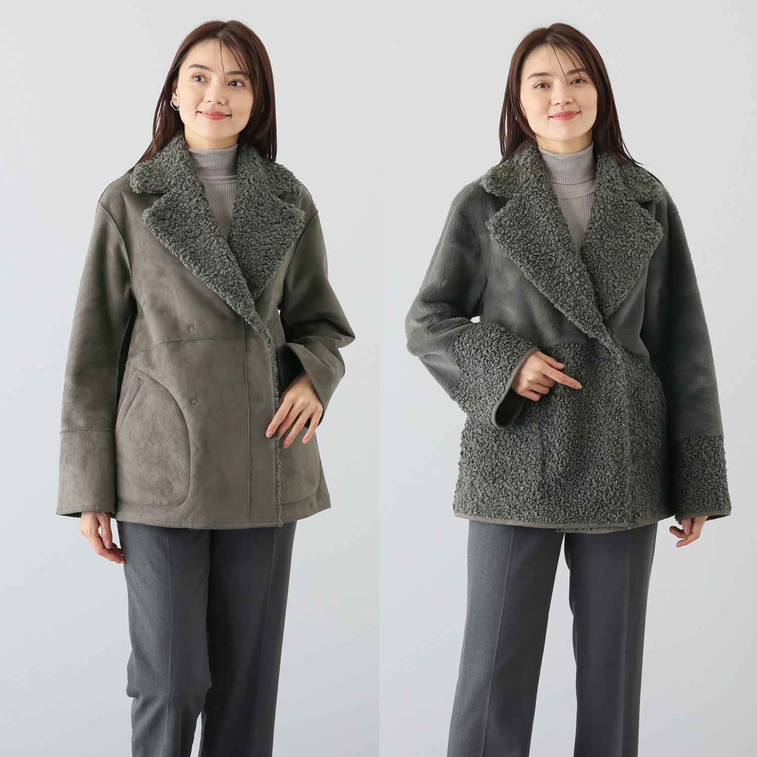 ゼラールスポーツ フェイクムートン リバーシブルで楽しめる ファー切替デザイン ピーコート