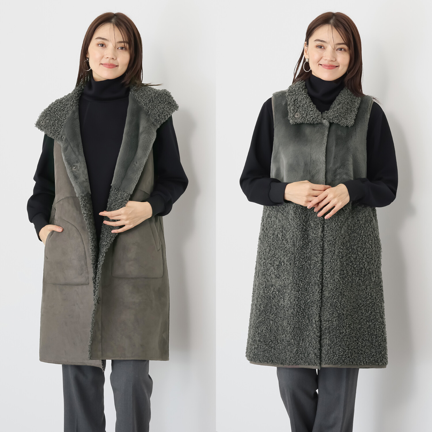 ゼラールスポーツ フェイクムートン リバーシブルで楽しめる ファー切替デザイン スタンドネックロングジレ