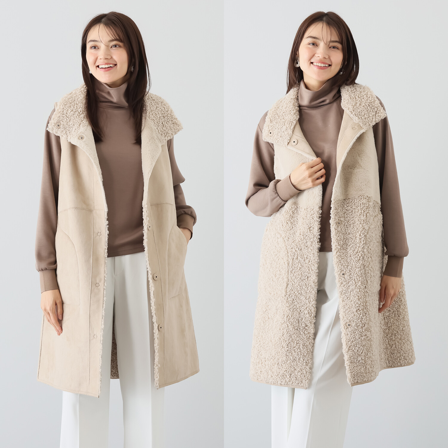 ゼラールスポーツ フェイクムートン リバーシブルで楽しめる ファー切替デザイン スタンドネックロングジレ