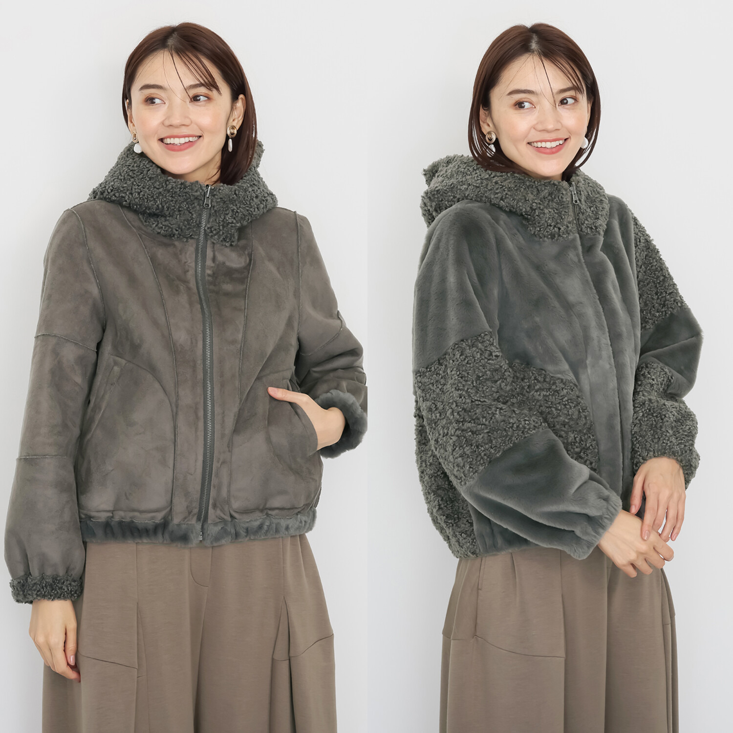 ゼラールスポーツ フェイクムートン リバーシブルで楽しめる ファー切替デザイン 裾ギャザー フーディーブルゾン