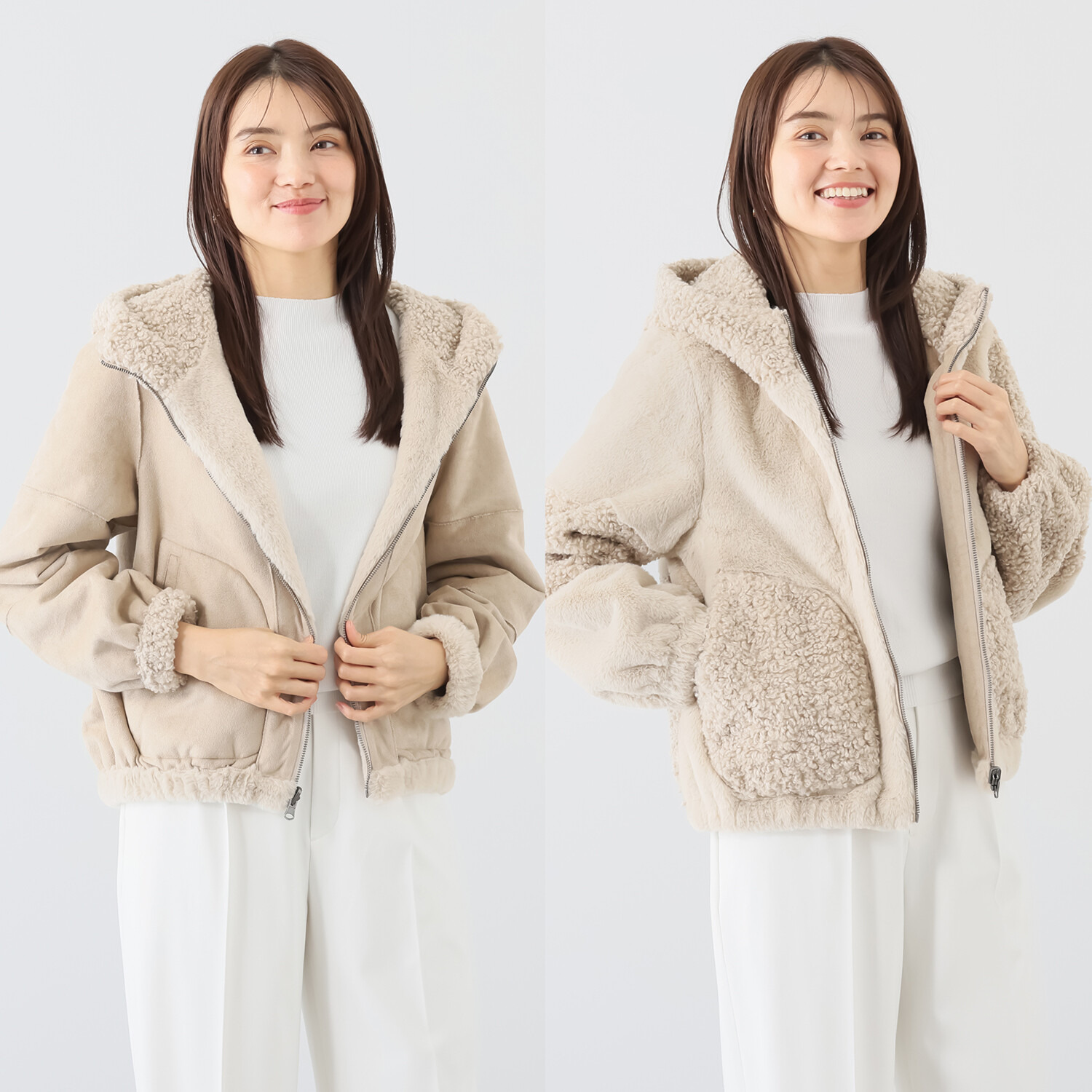 ゼラールスポーツ フェイクムートン リバーシブルで楽しめる ファー切替デザイン 裾ギャザー フーディーブルゾン