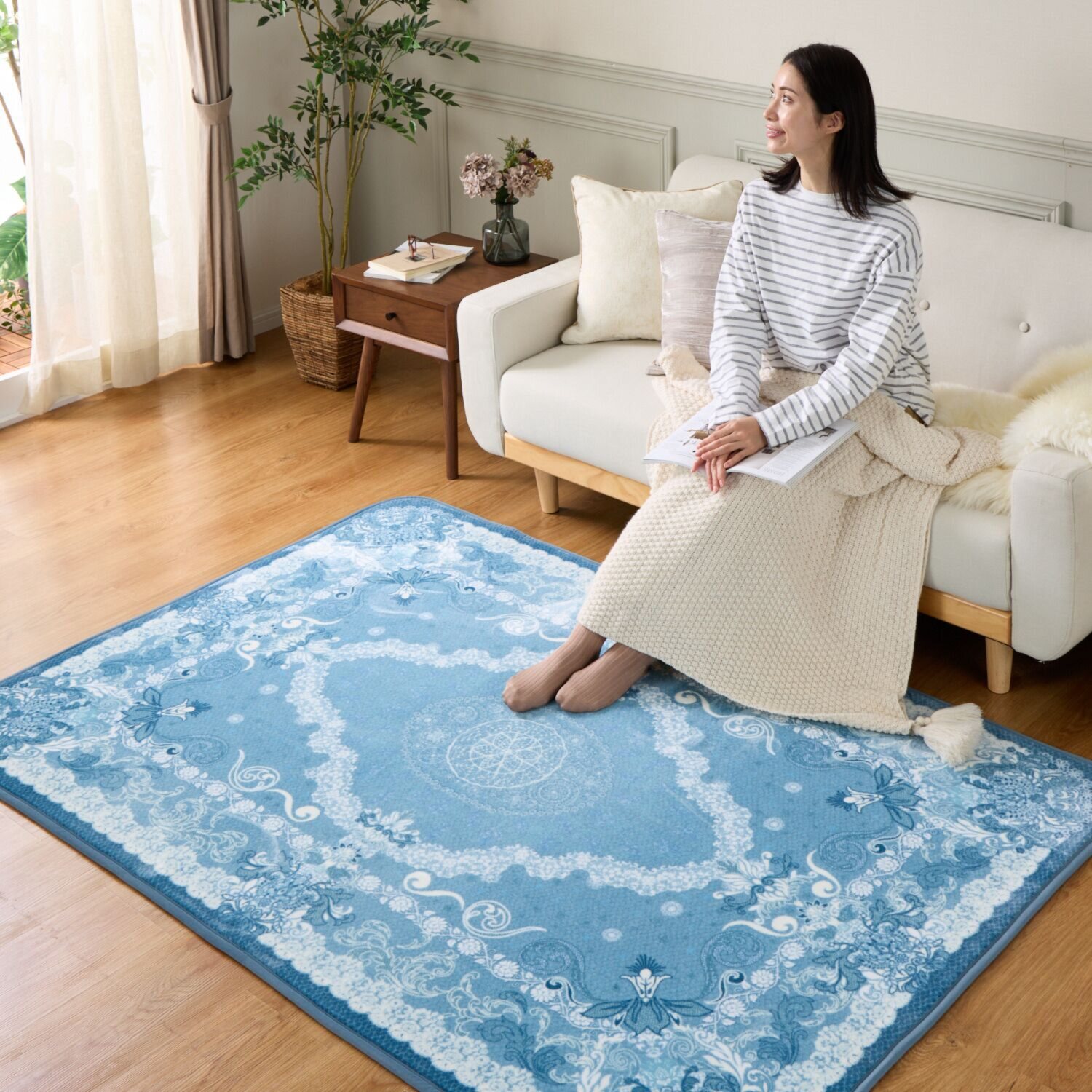 スワトウ刺しゅう協会 認定デザイン 洗える あたたかラグ ＜１３０×１９０ｃｍ＞