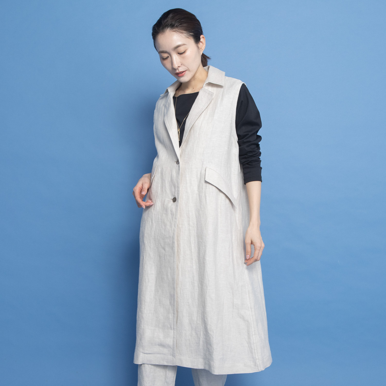 レア　ジェム リネンツイルで 優雅にまとう デザインロングベスト