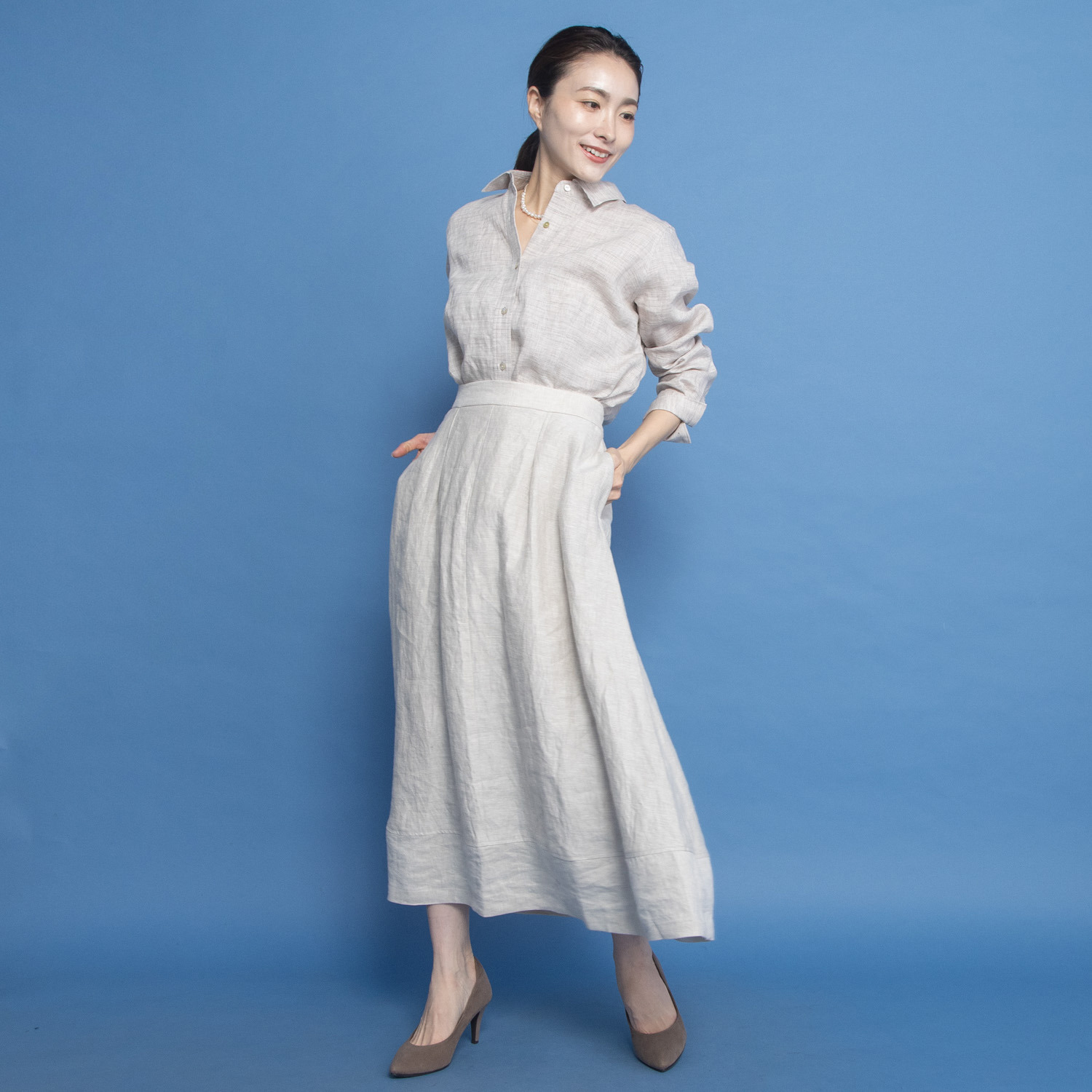 レア　ジェム リネンツイルで 優雅に揺らめく コクーンフレアースカート