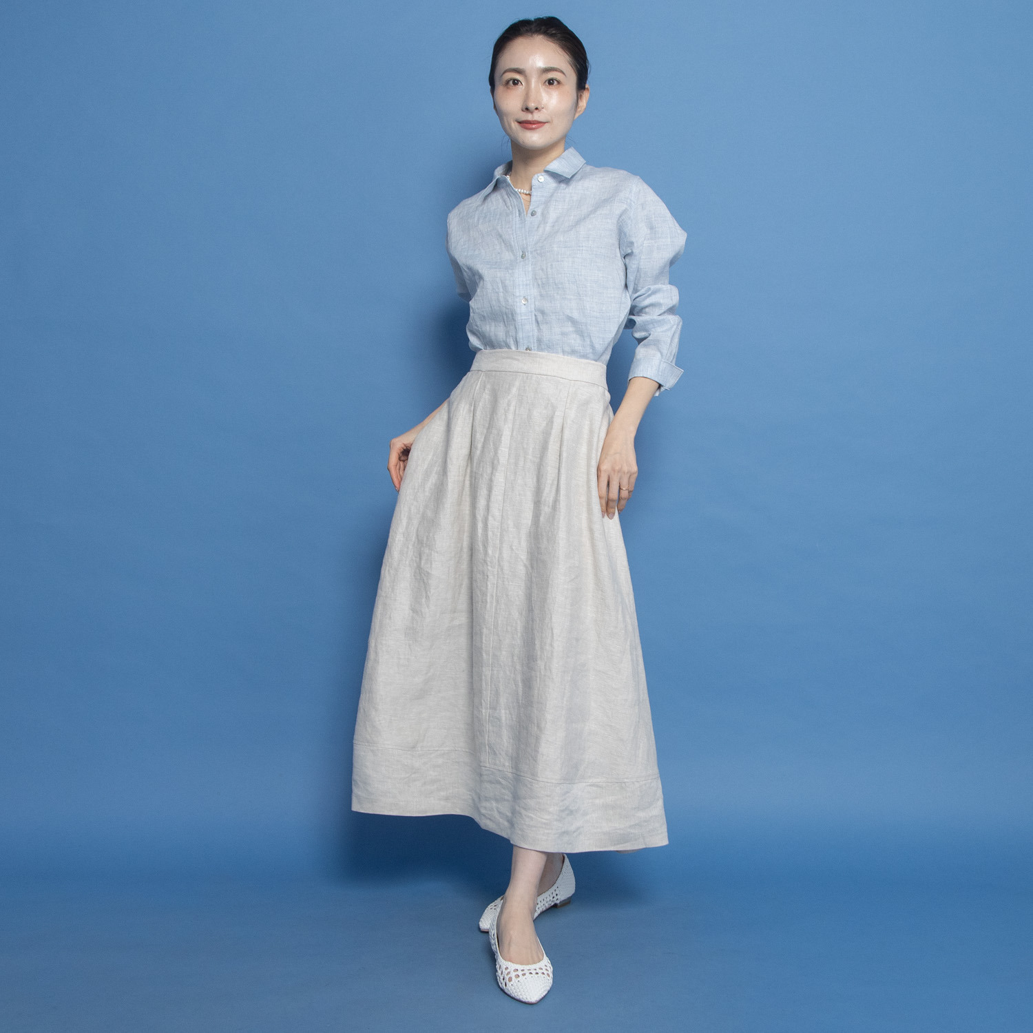 レア　ジェム リネンツイルで 優雅に揺らめく コクーンフレアースカート