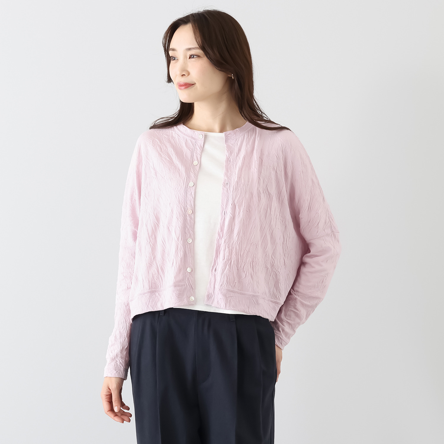 シャビージェンティール ワッシャー素材 ドロップショルダー クルーネックカーディガン