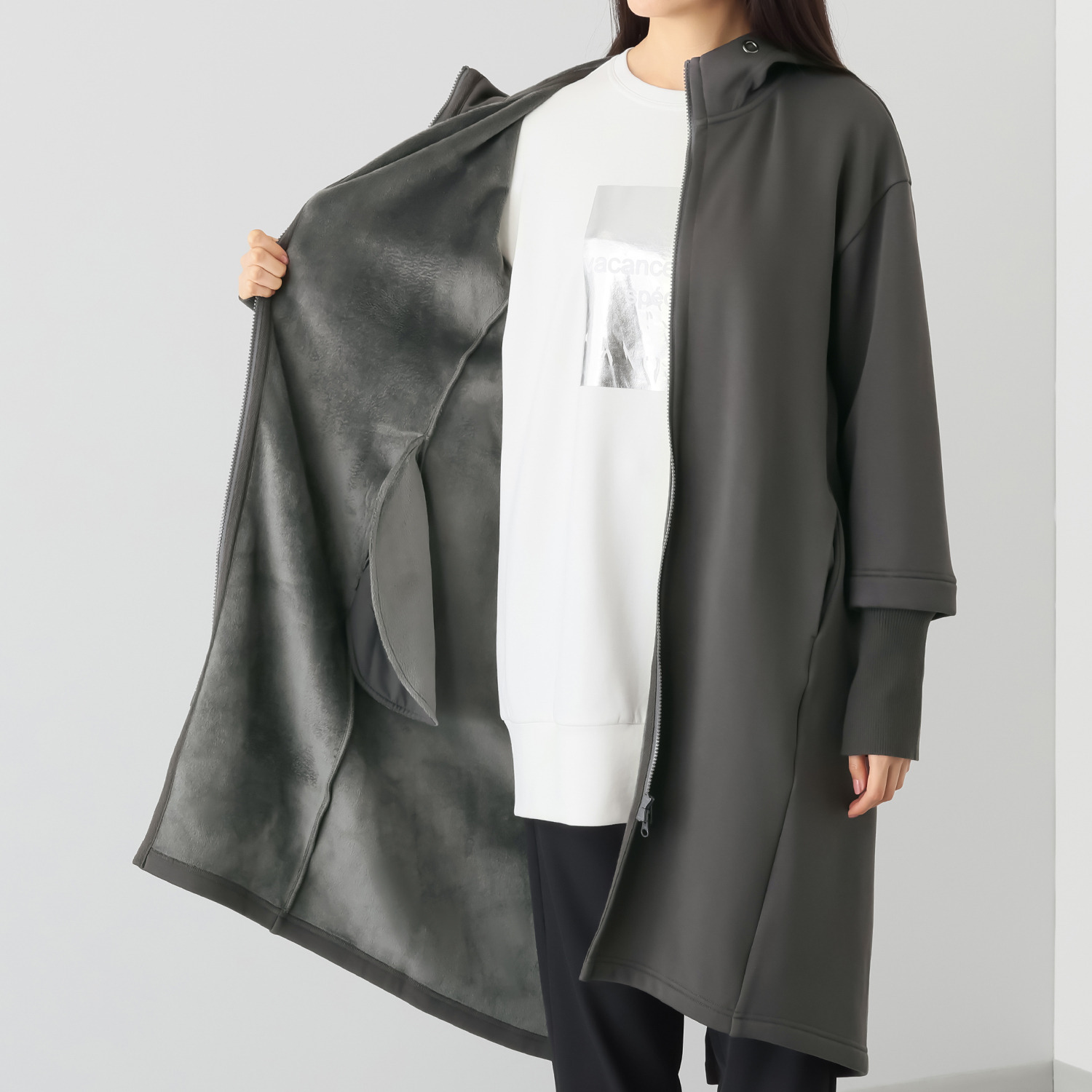 イシカワラボ★ヒトミ 裏ミンク調起毛 ソフトダンボール フーディーロングコート