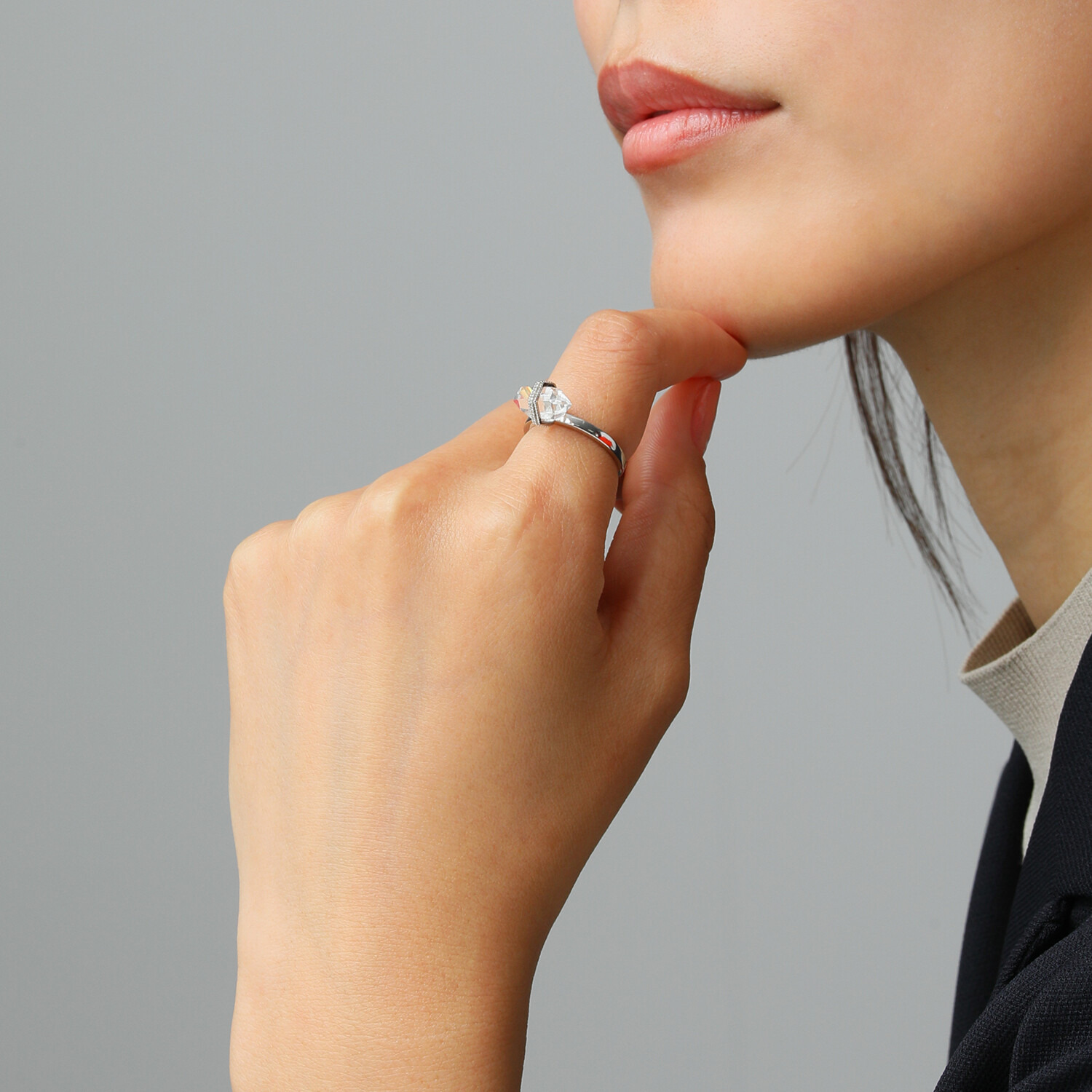 イーシア シルバー ハーキマーダイヤモンド ロッククリスタルクォーツ ライングレースデザイン リング