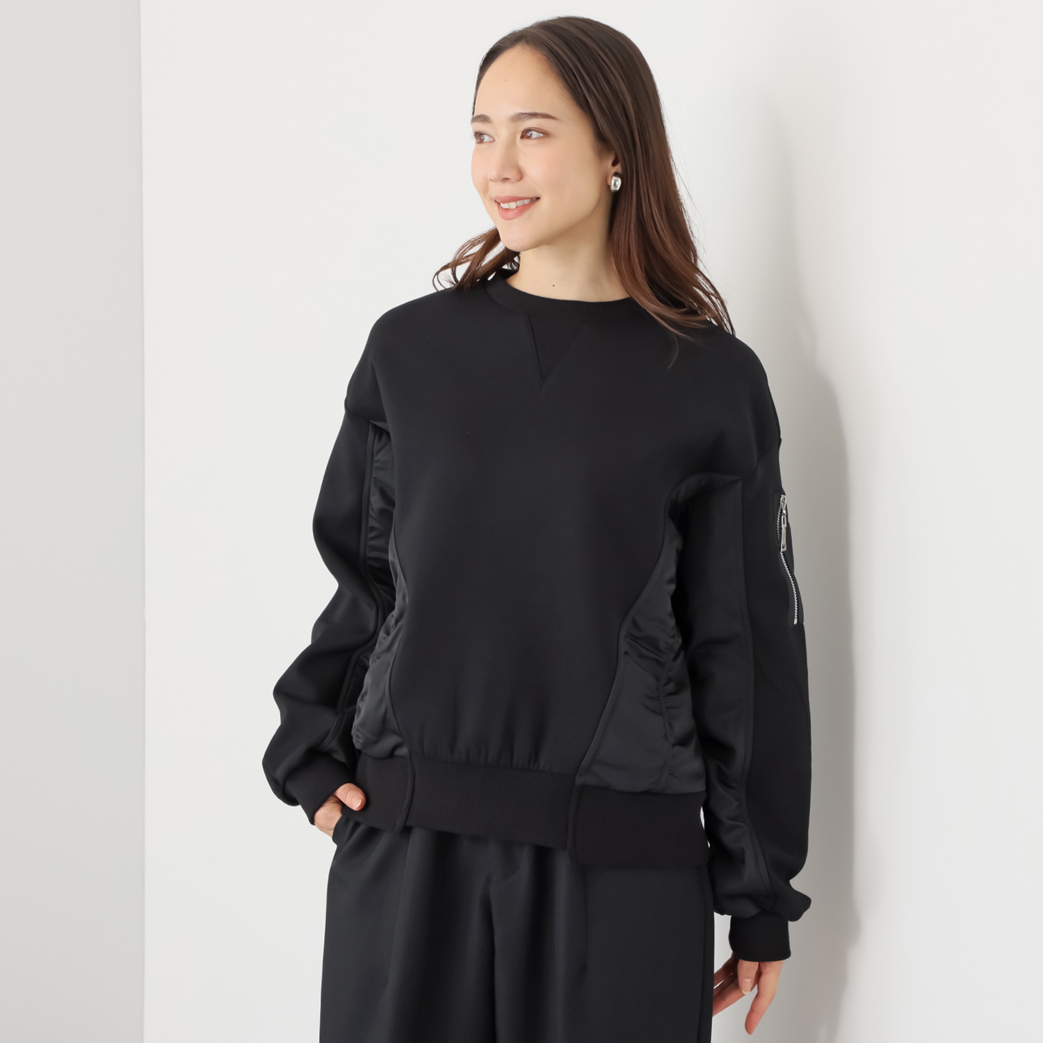 ヘブンアンドアース 裏起毛 異素材ミックス ギャザープルオーバー