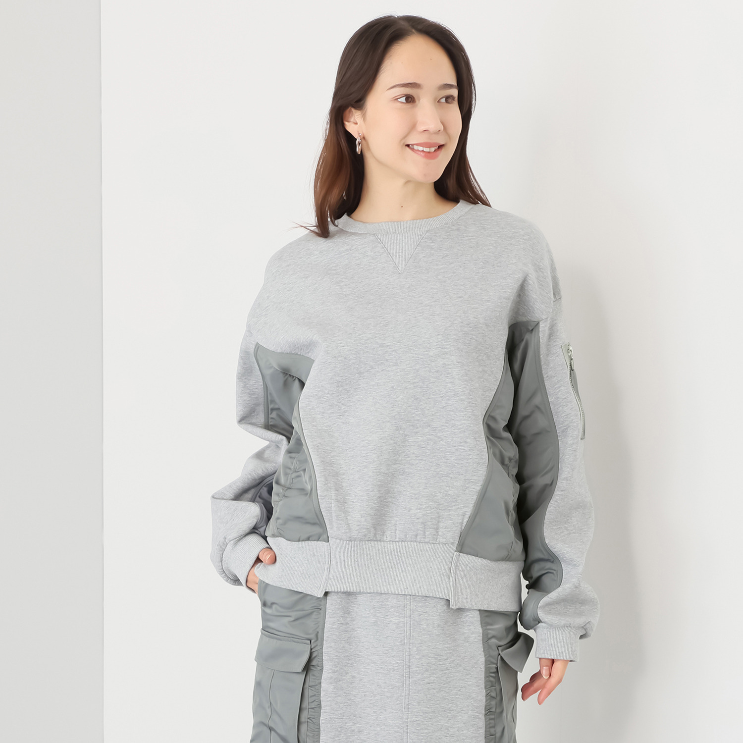 ヘブンアンドアース 裏起毛 異素材ミックス ギャザープルオーバー