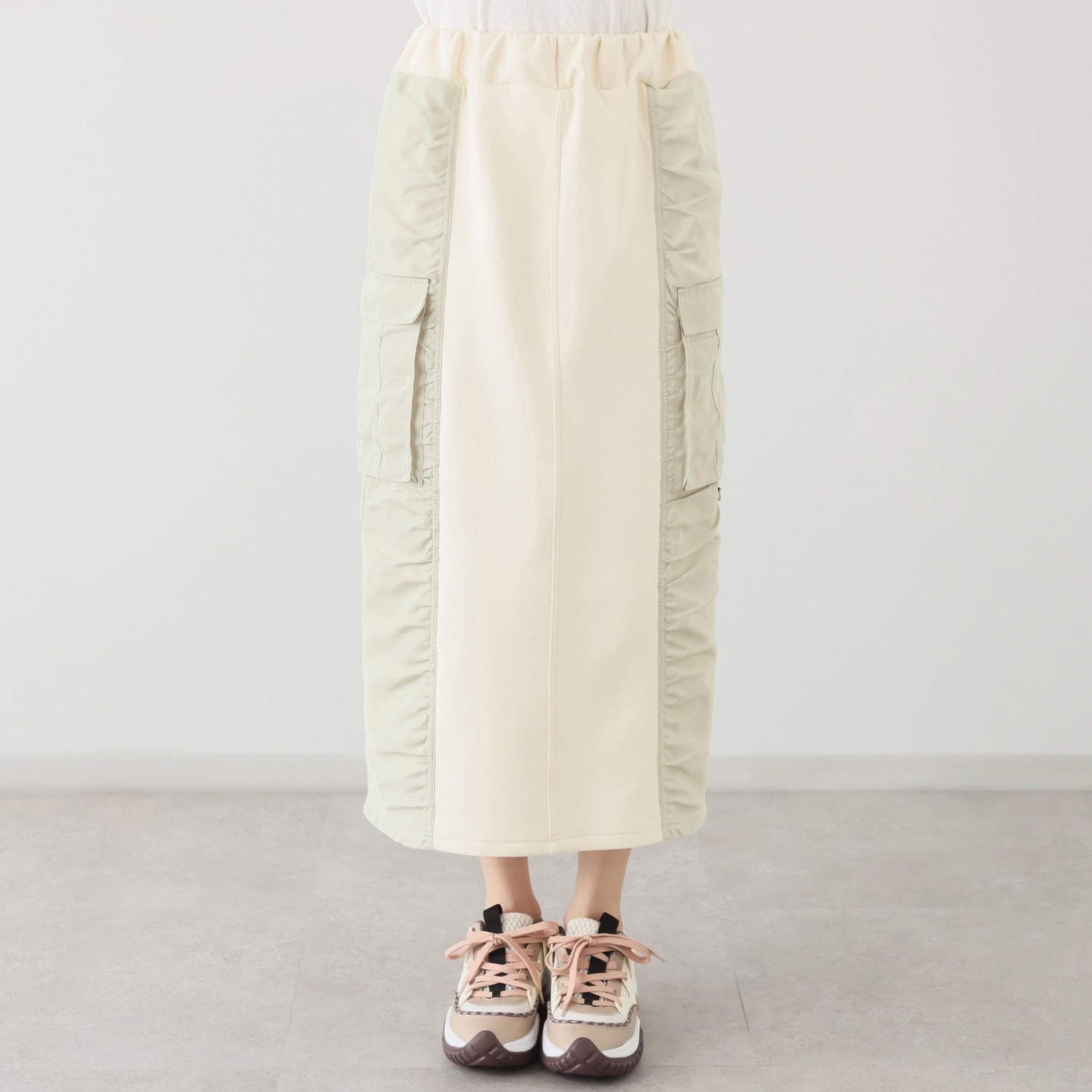 ヘブンアンドアース 裏起毛 異素材ミックスギャザー カーゴポケットスカート