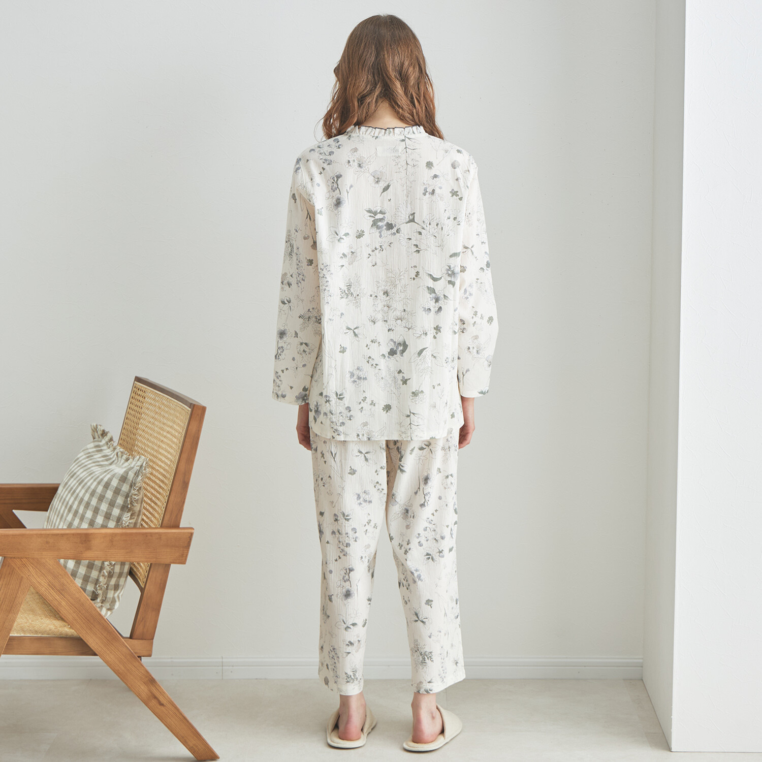 ナルエー 綿１００％ 楊柳フラワー 長袖フリル パジャマ