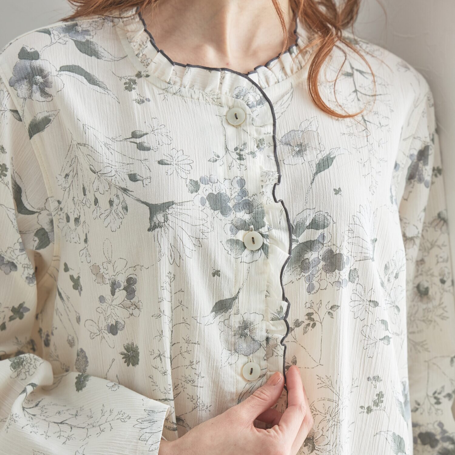 ナルエー 綿１００％ 楊柳フラワー 長袖フリル パジャマ