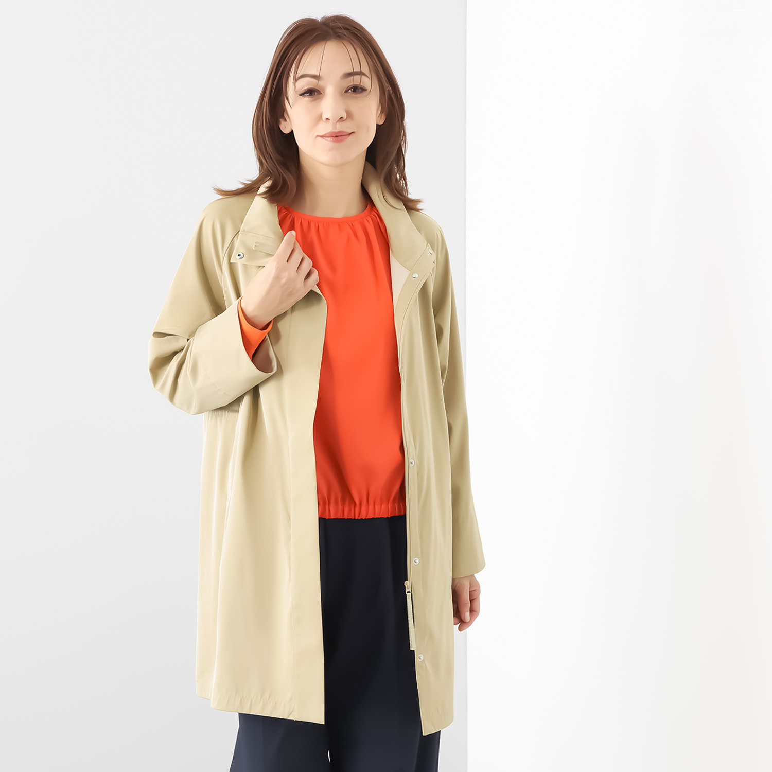 メリオン 春にうれしい機能素材使用 ハイネック Ａラインシルエット スプリングコート