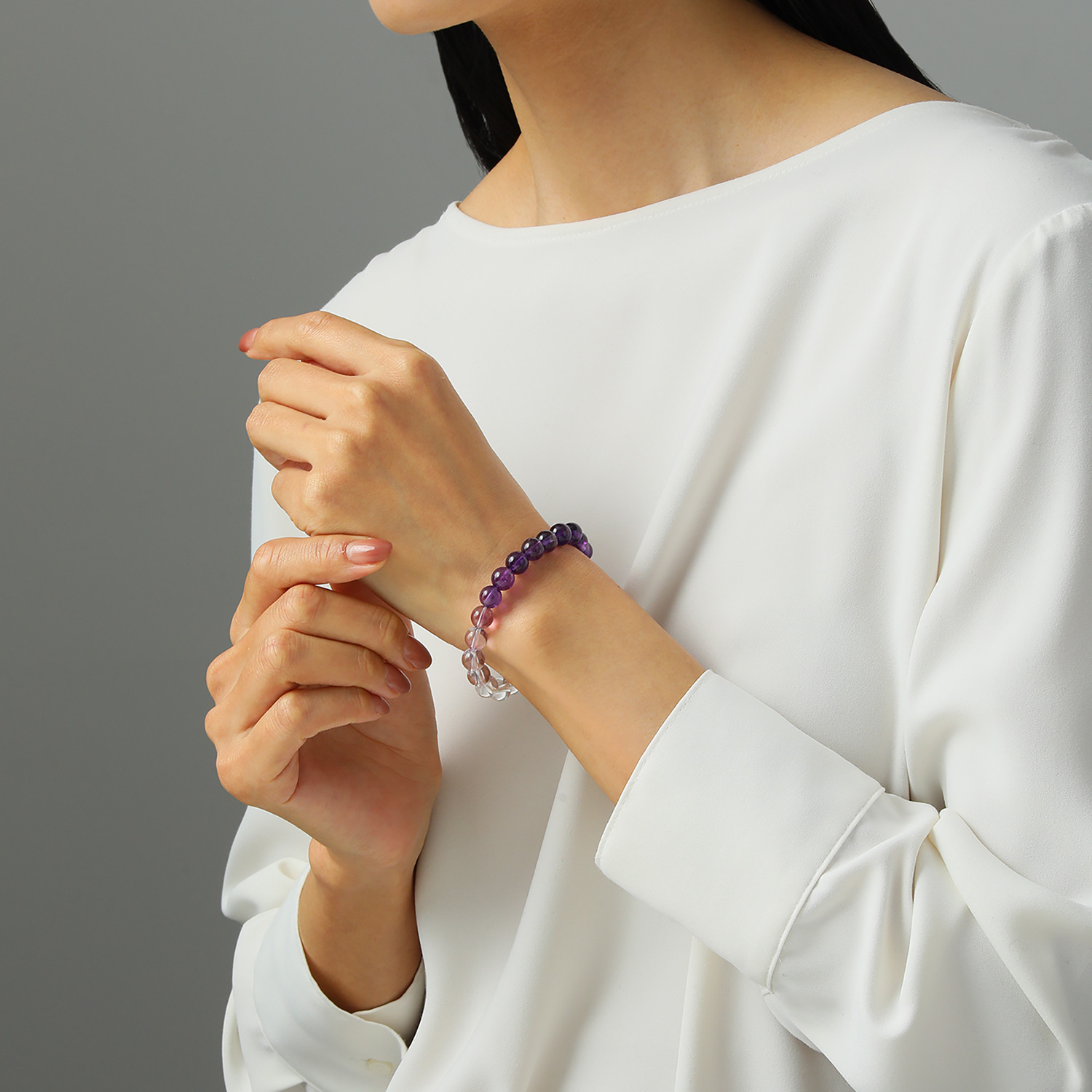 石友蔵出しコレクション アメシスト＆ ロッククリスタルクォーツ カラーグラデーション イラスティック ブレスレット