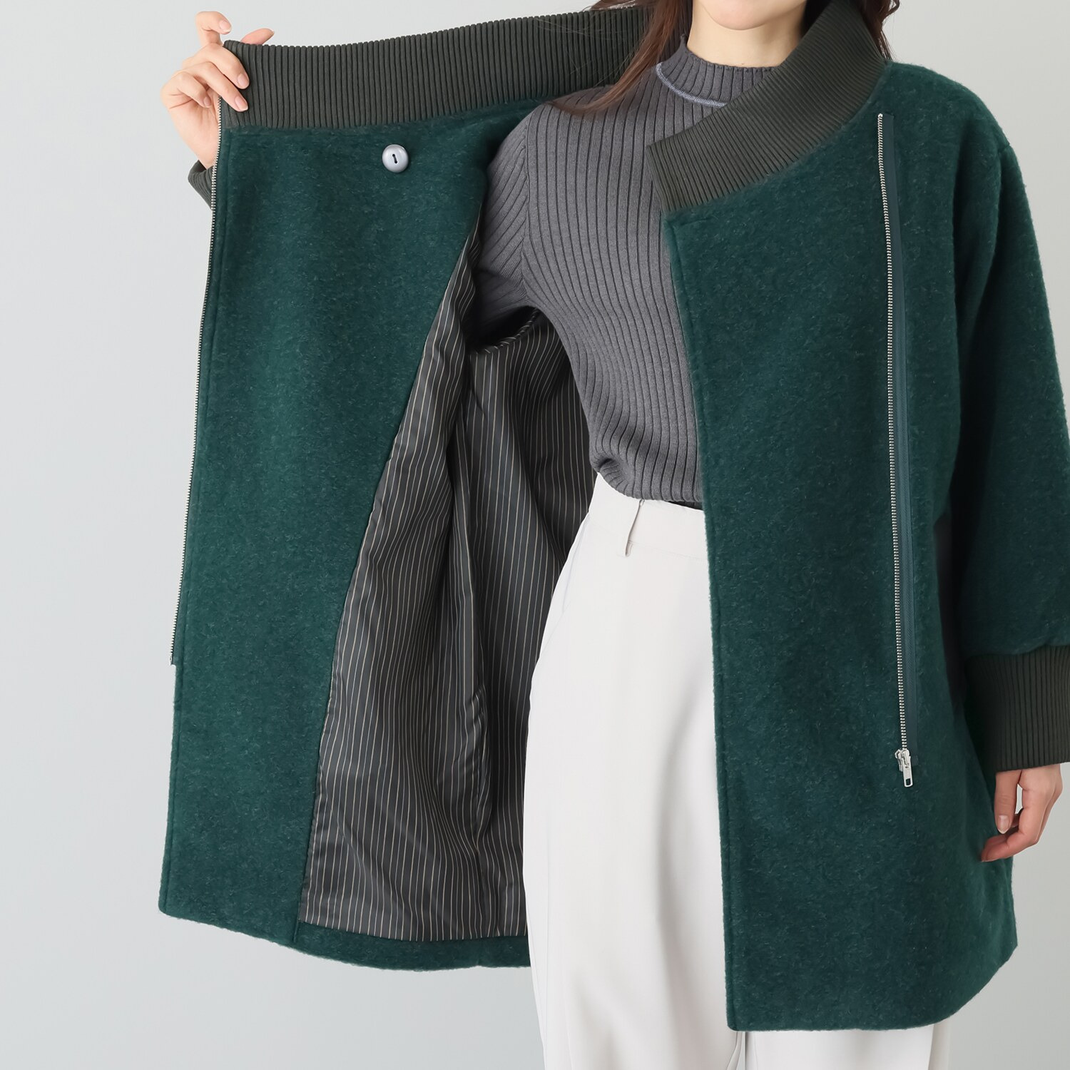 コモエリークローゼット 異素材＆ アシメジップが光るコート