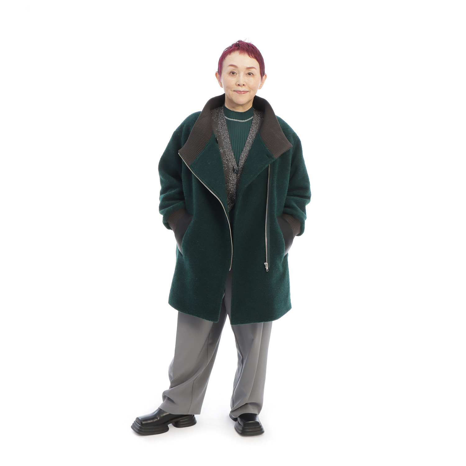 コモエリークローゼット 異素材＆ アシメジップが光るコート