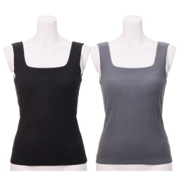 プラスケー コットンブレンド スクエアネック カップ付リブタンクトップ ２枚セット