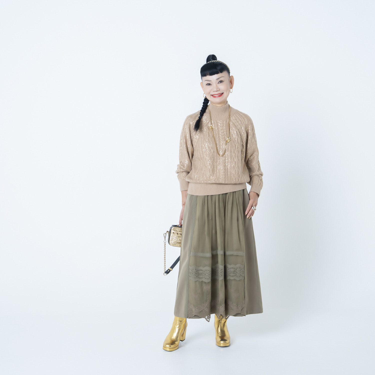 キョウコ　ヒガ 箔プリント ケーブルニット